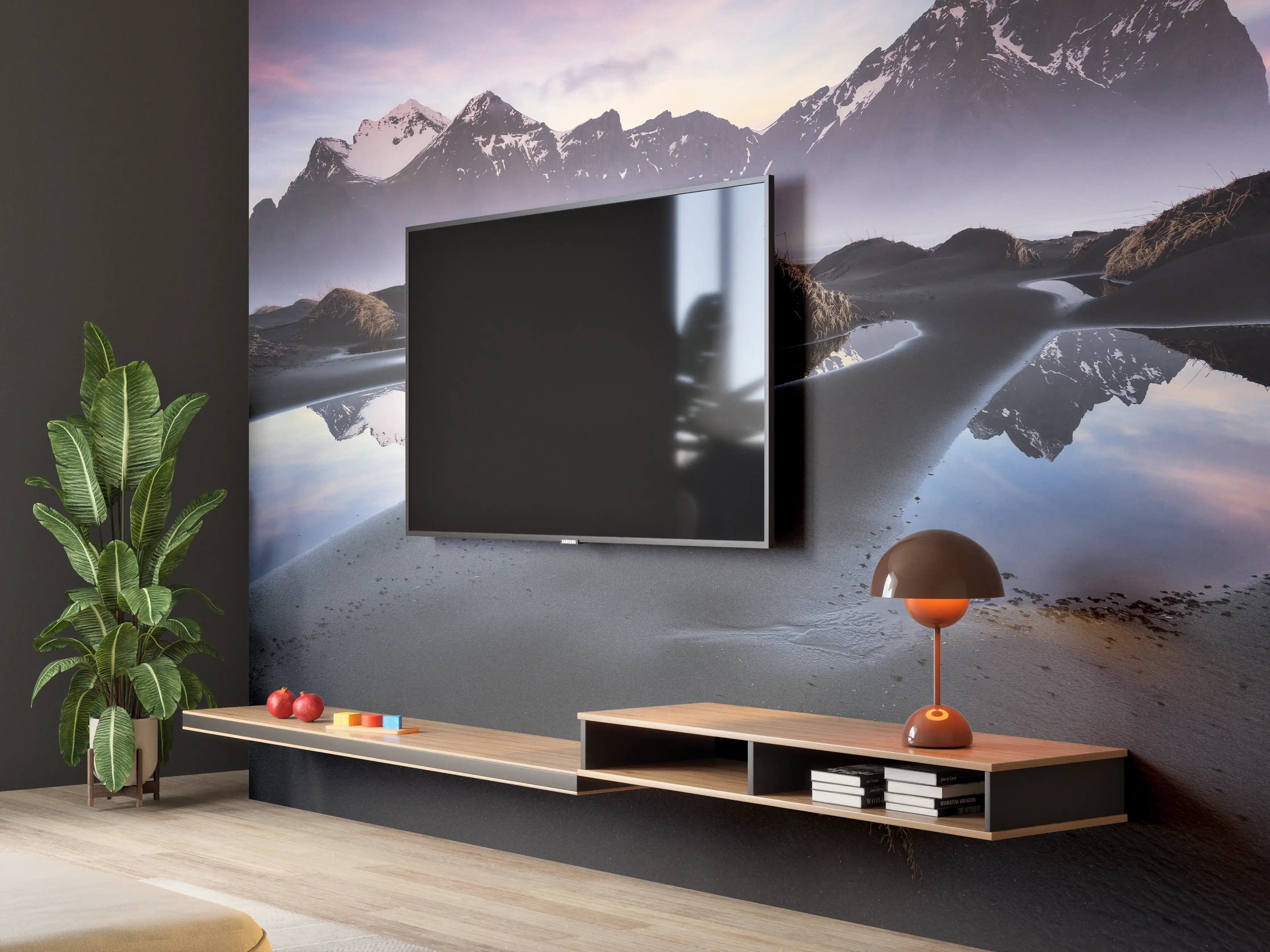 Wandverkleidung Wohnzimmer - Majestätische Berglandschaft mit spiegelnder Wasserfläche