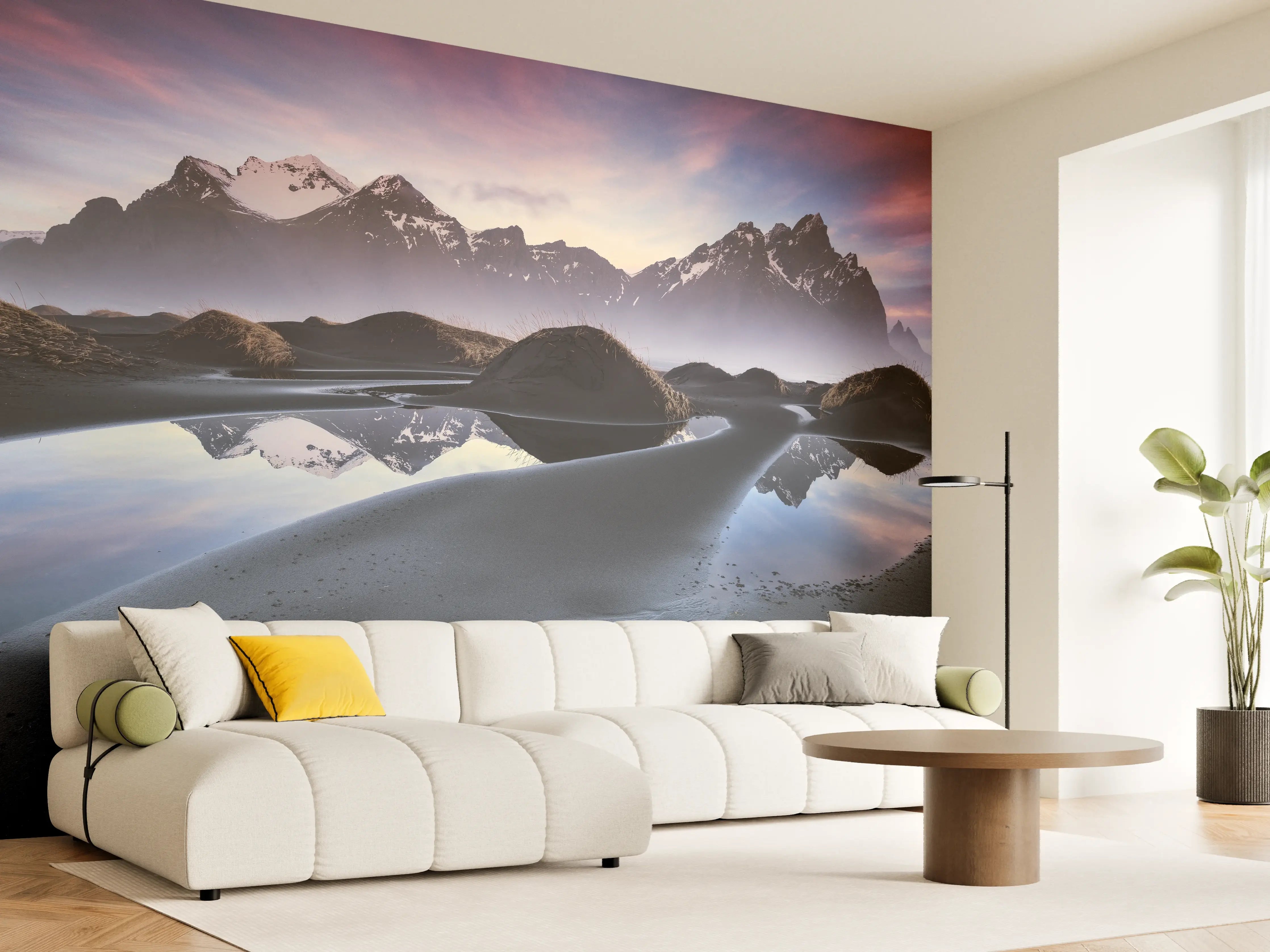 Wandverkleidung Wohnzimmer - Majestätische Berglandschaft mit spiegelnder Wasserfläche