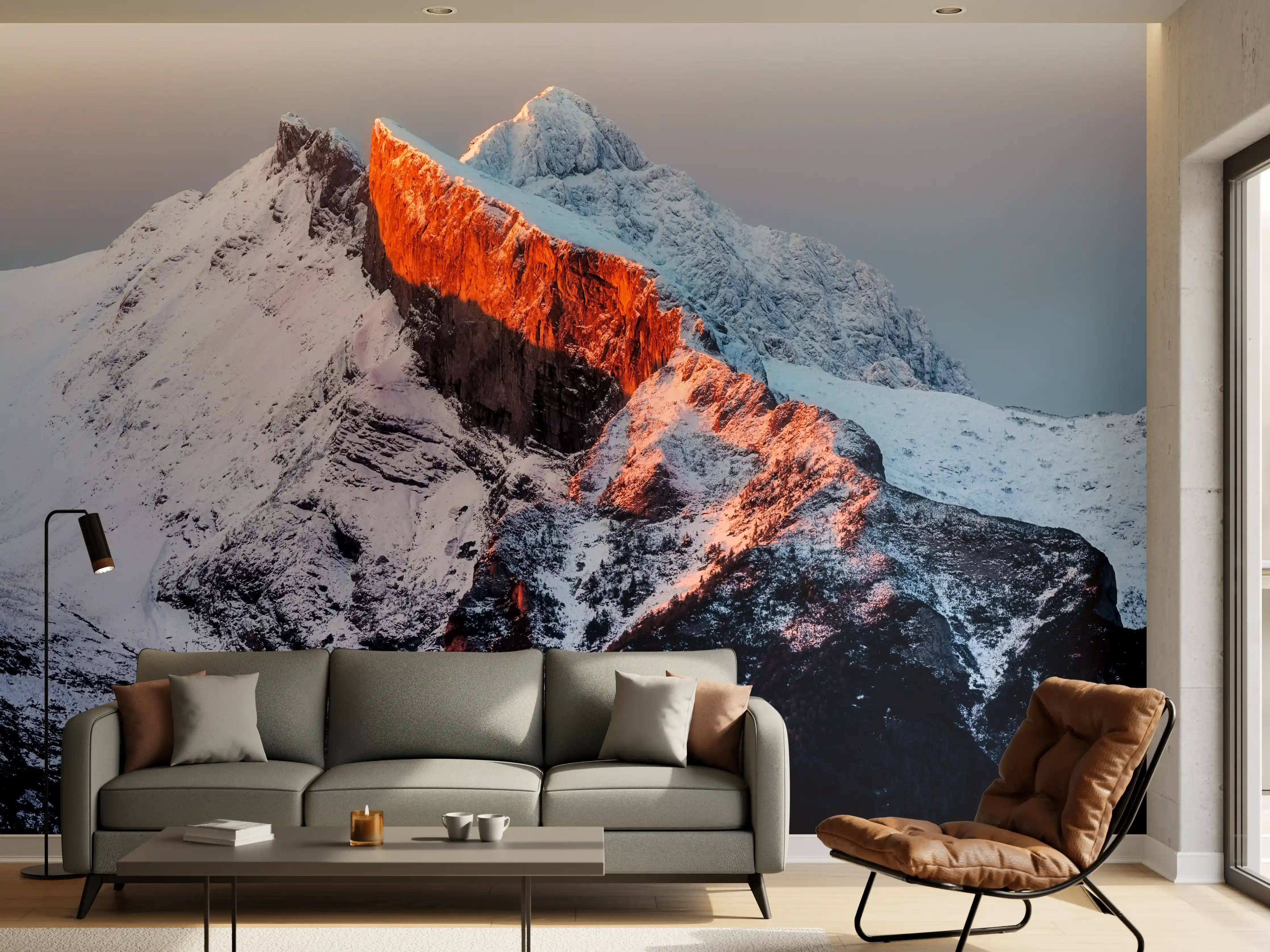 Wandverkleidung Wohnzimmer - Majestätische Bergwelt bei Sonnenuntergang