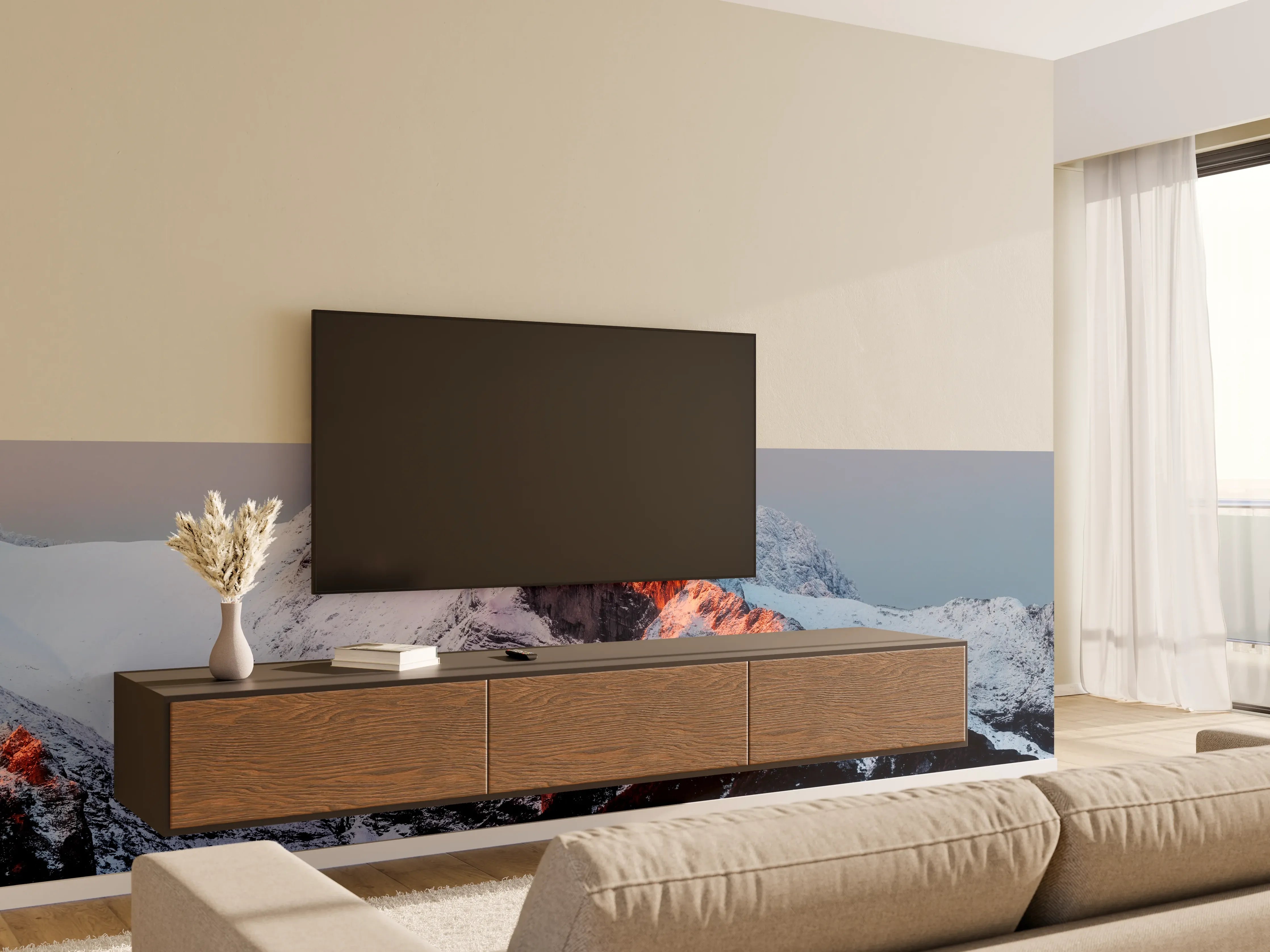 Wandverkleidung Wohnzimmer - Majestätische Bergwelt bei Sonnenuntergang