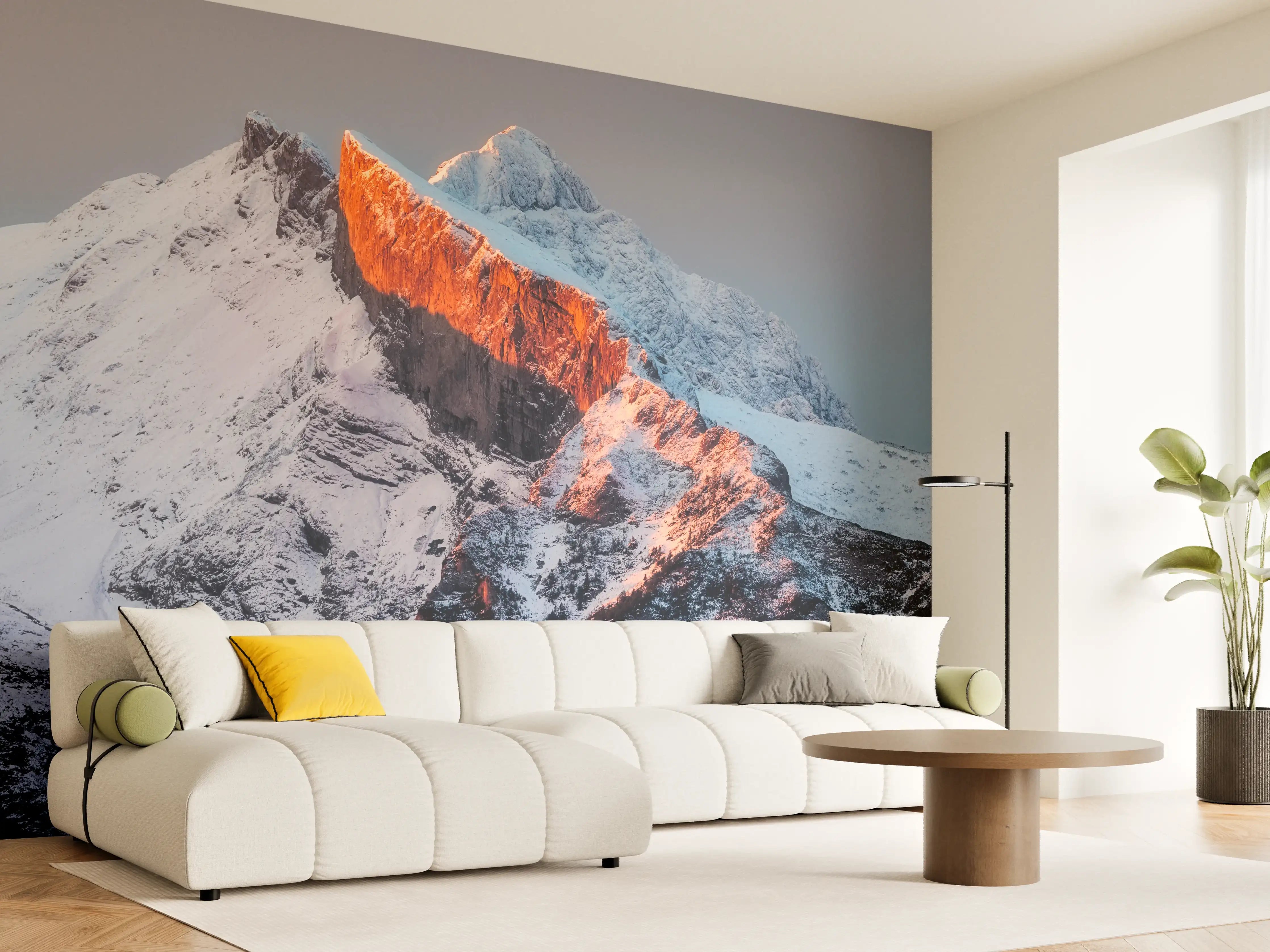 Wandverkleidung Wohnzimmer - Majestätische Bergwelt bei Sonnenuntergang