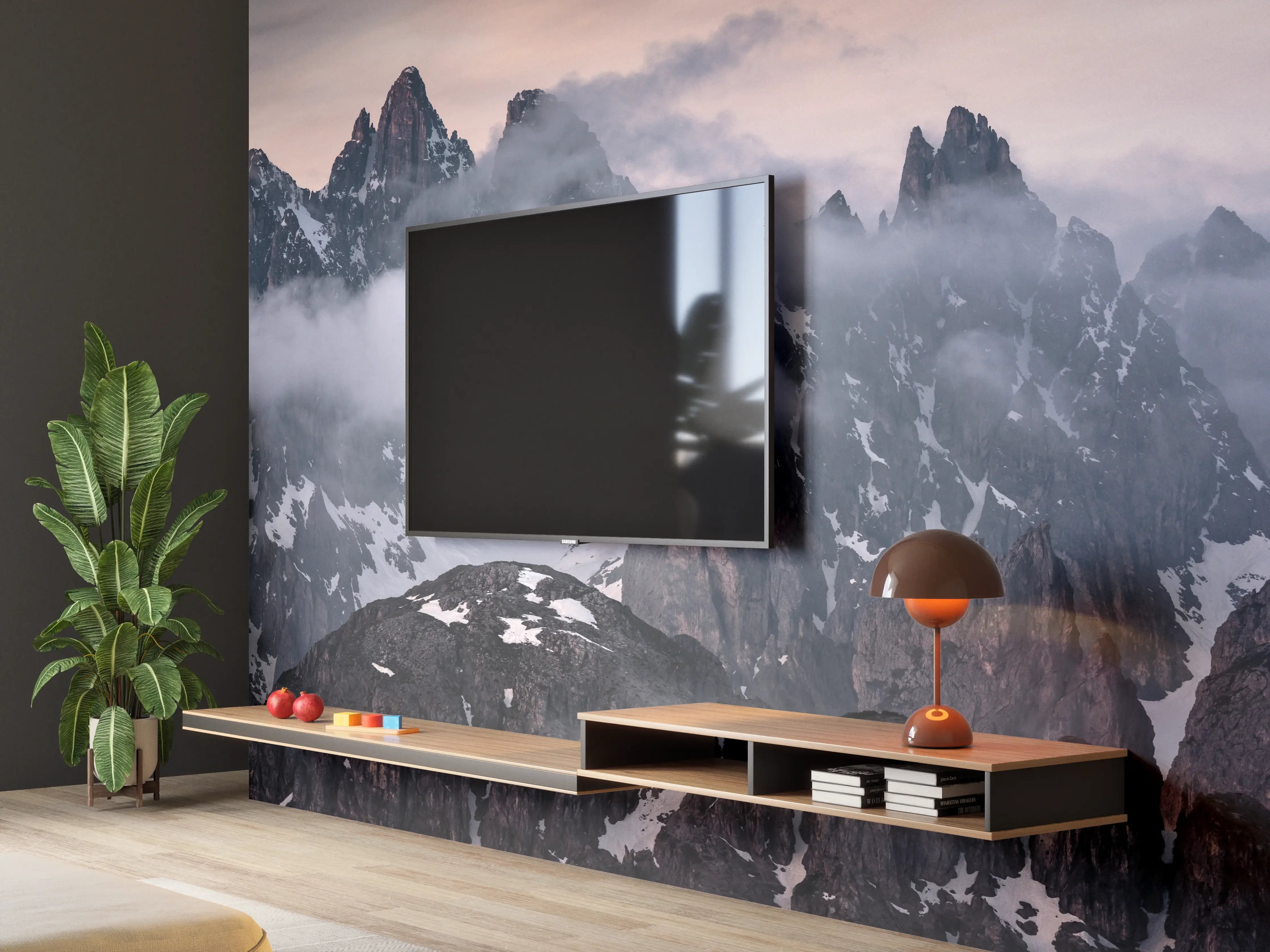 Wandverkleidung Wohnzimmer - Majestätische Bergwelt im Nebel