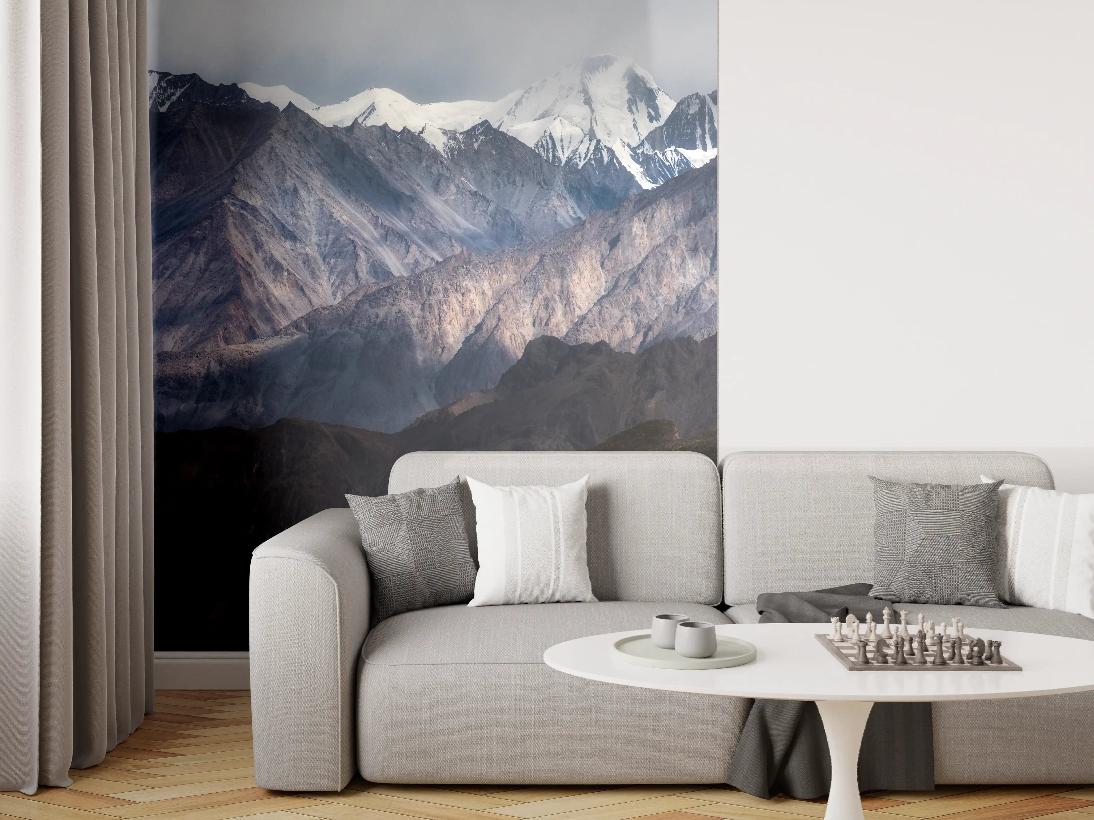 Wandverkleidung Wohnzimmer - Majestätische Bergwelt in nebliger Atmosphäre