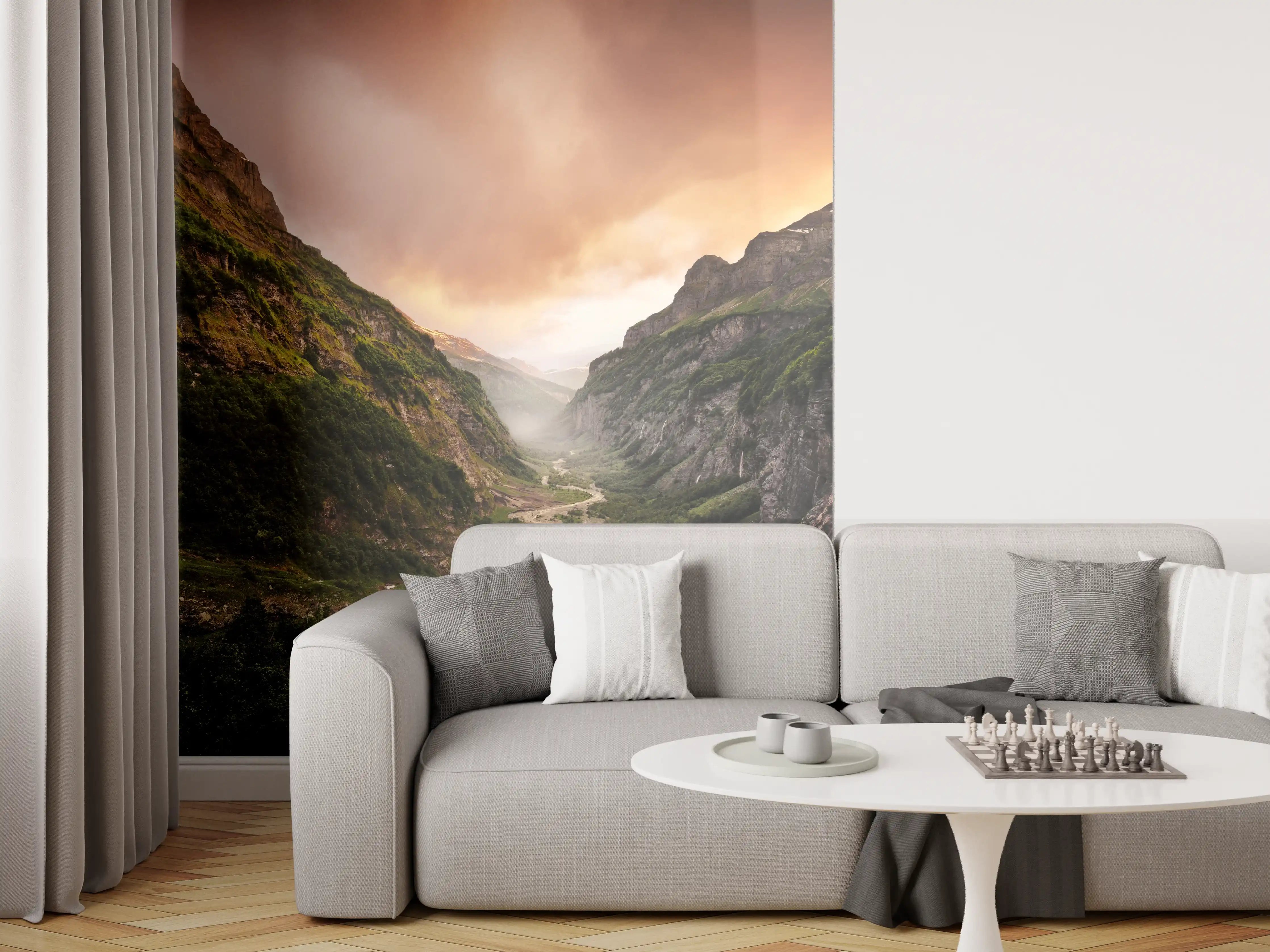 Wandverkleidung Wohnzimmer - Majestätische Wasserfälle inmitten eines Tals