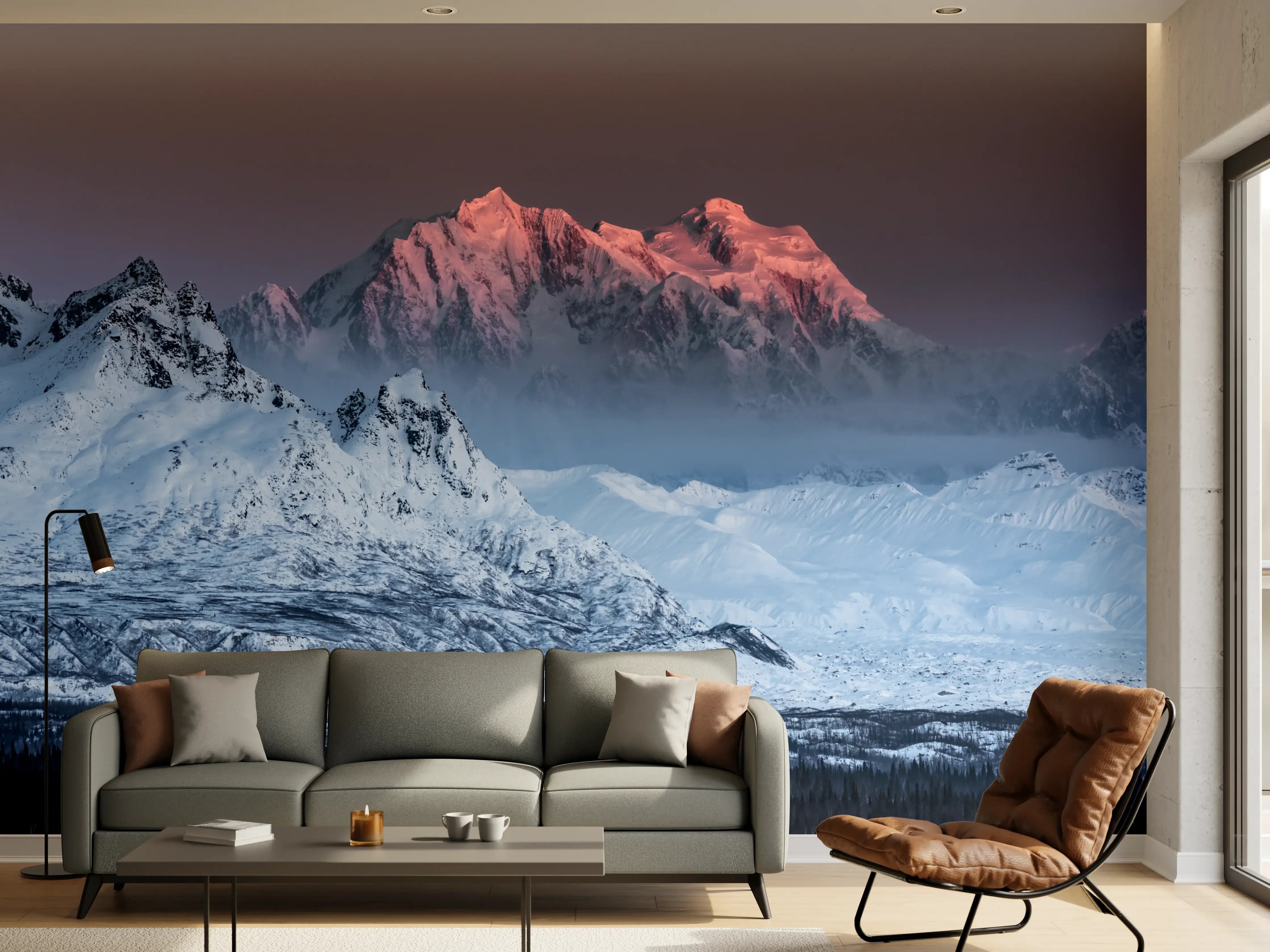 Wandverkleidung Wohnzimmer - Majestätische verschneite Berge bei Sonnenuntergang