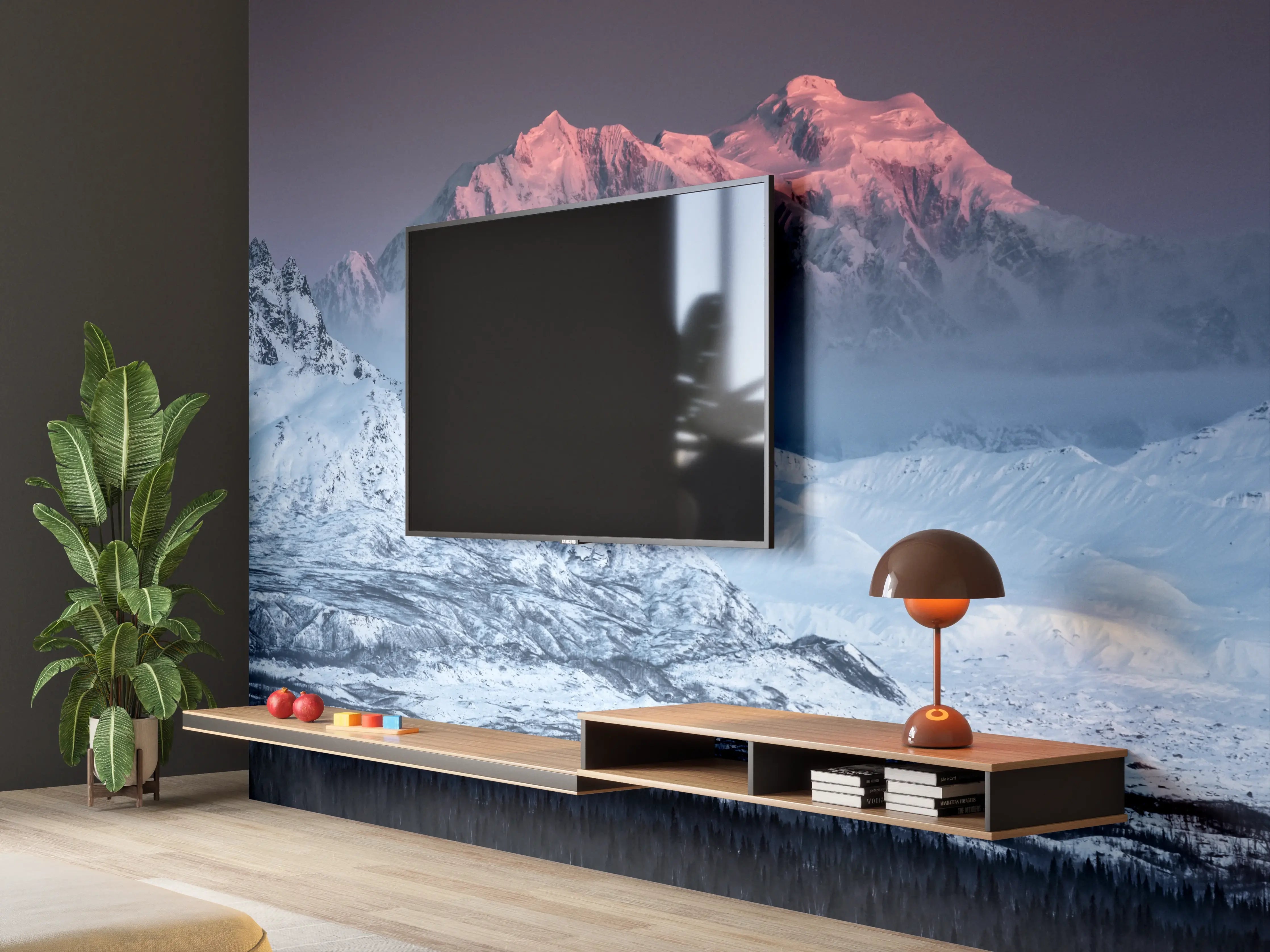 Wandverkleidung Wohnzimmer - Majestätische verschneite Berge bei Sonnenuntergang