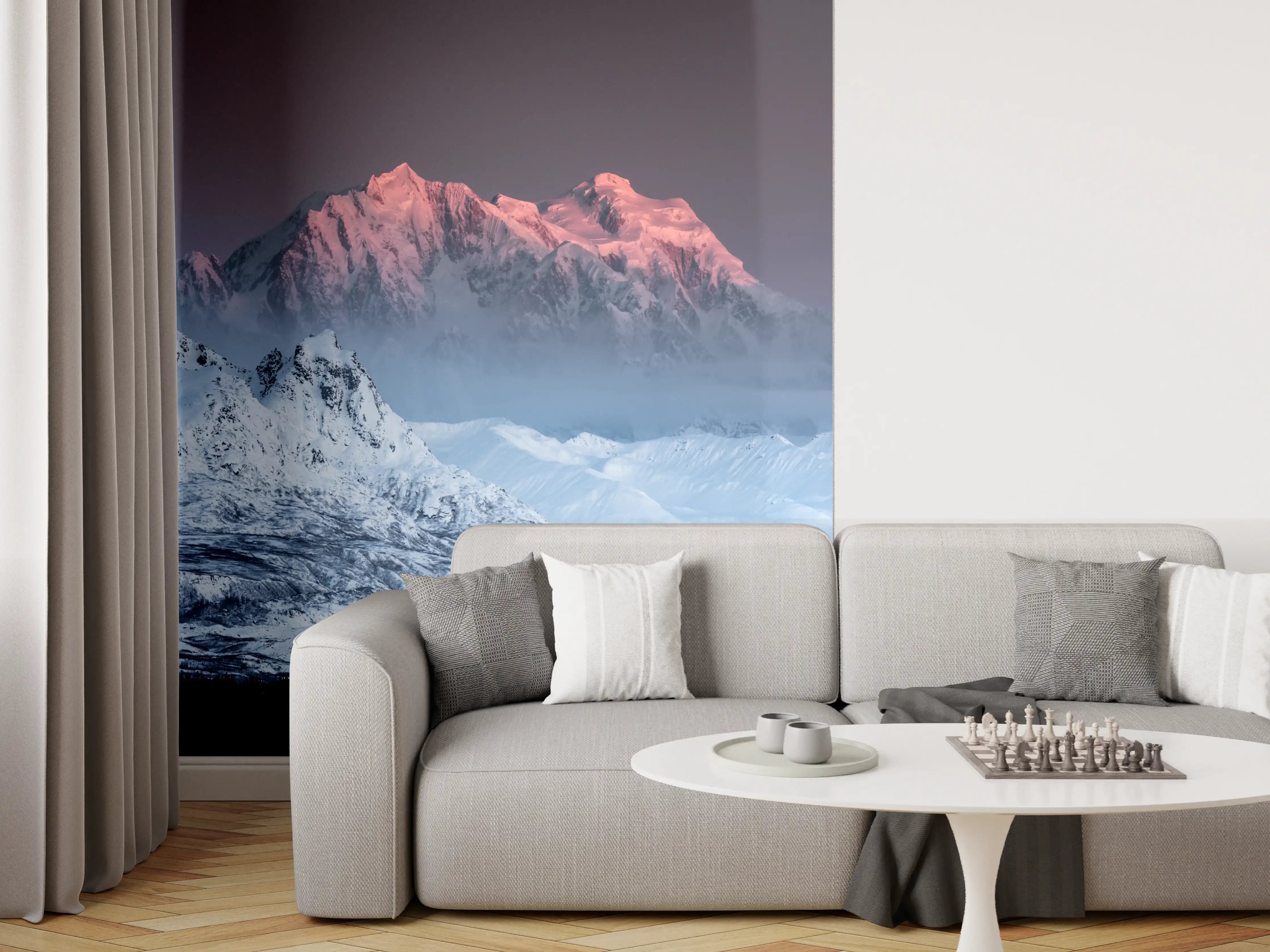 Wandverkleidung Wohnzimmer - Majestätische verschneite Berge bei Sonnenuntergang