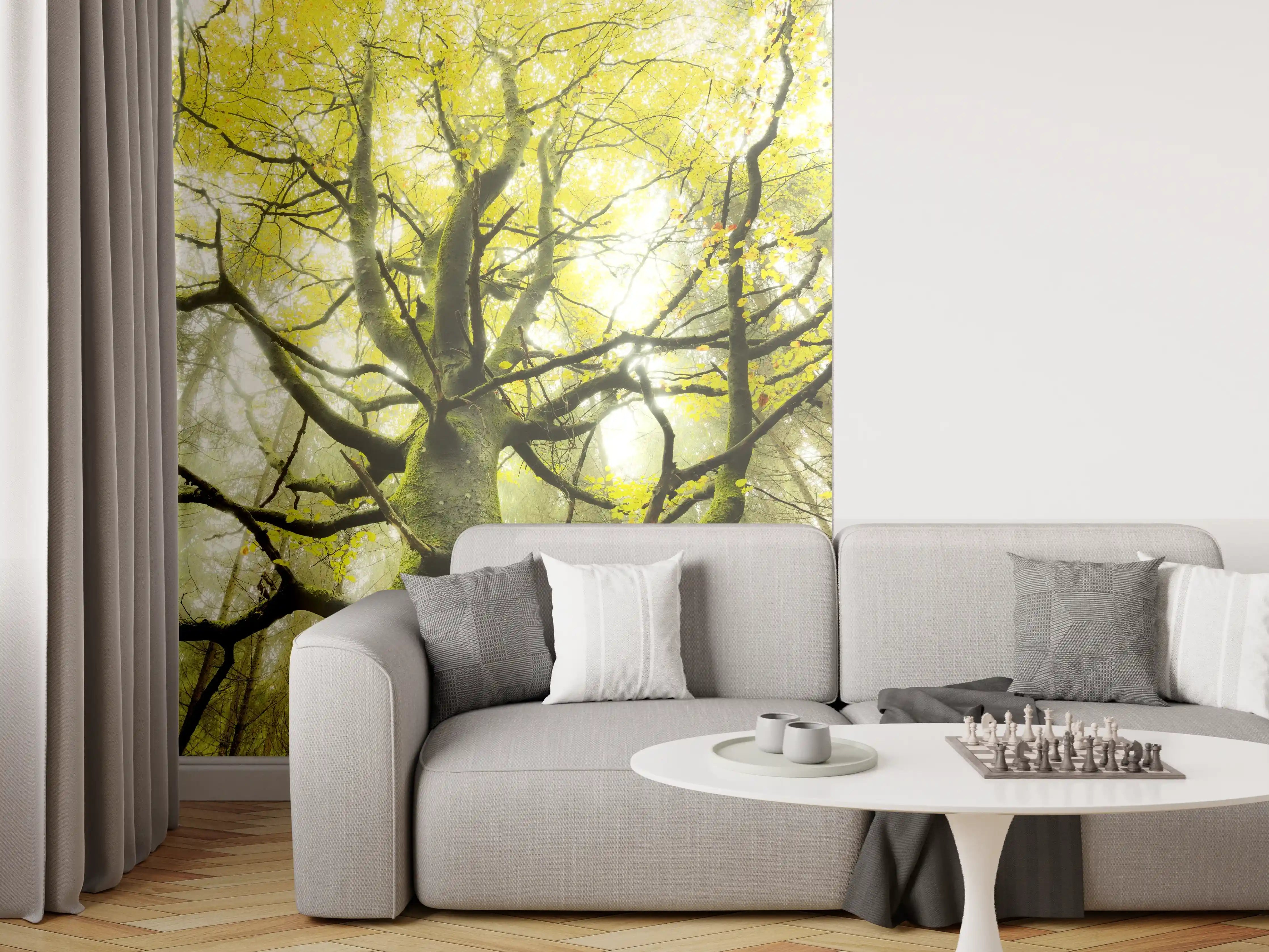 Wandverkleidung Wohnzimmer - Majestätischer Baum im Morgengrauen