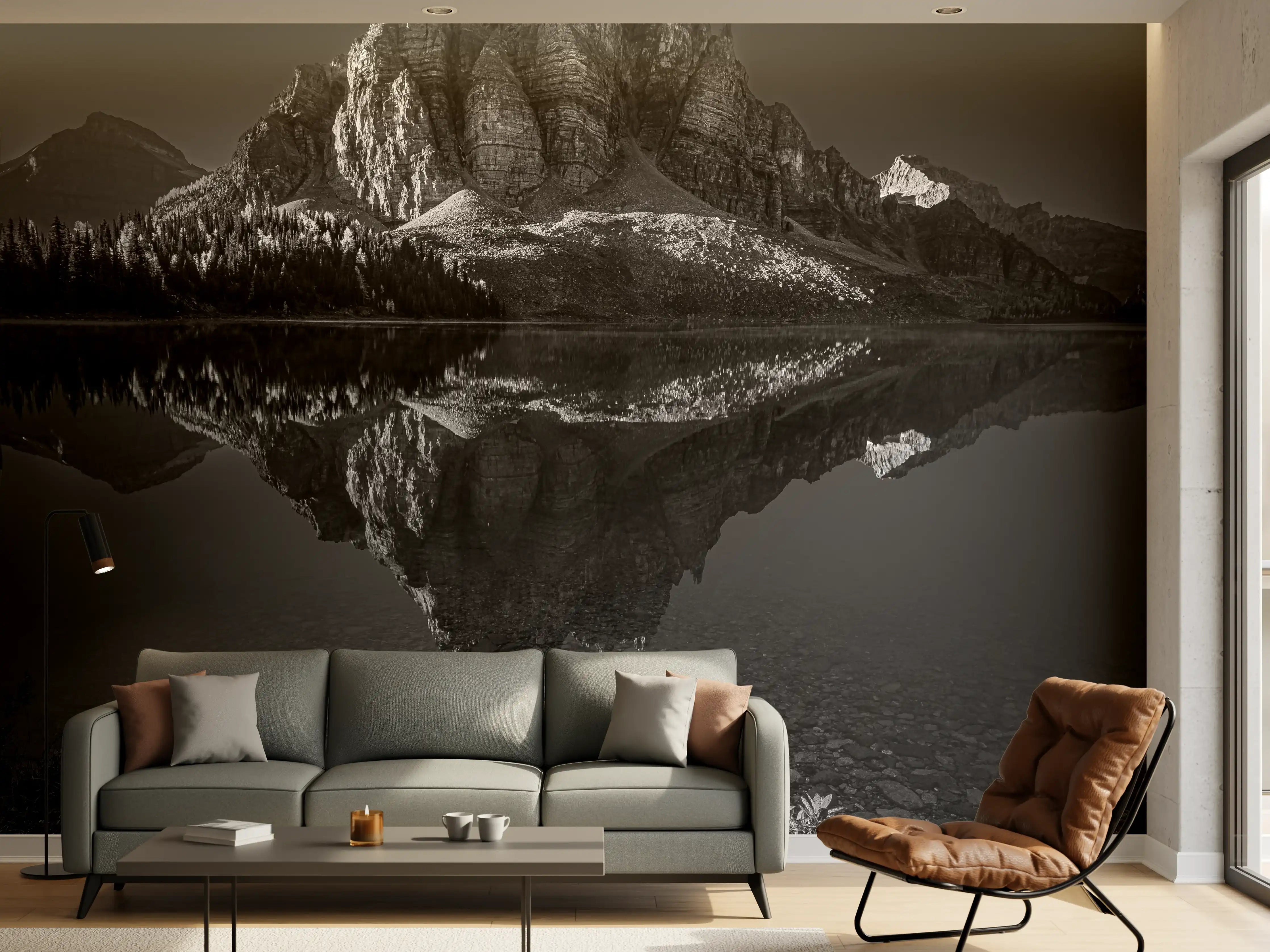 Wandverkleidung Wohnzimmer - Majestätischer Berg im Spiegelbild