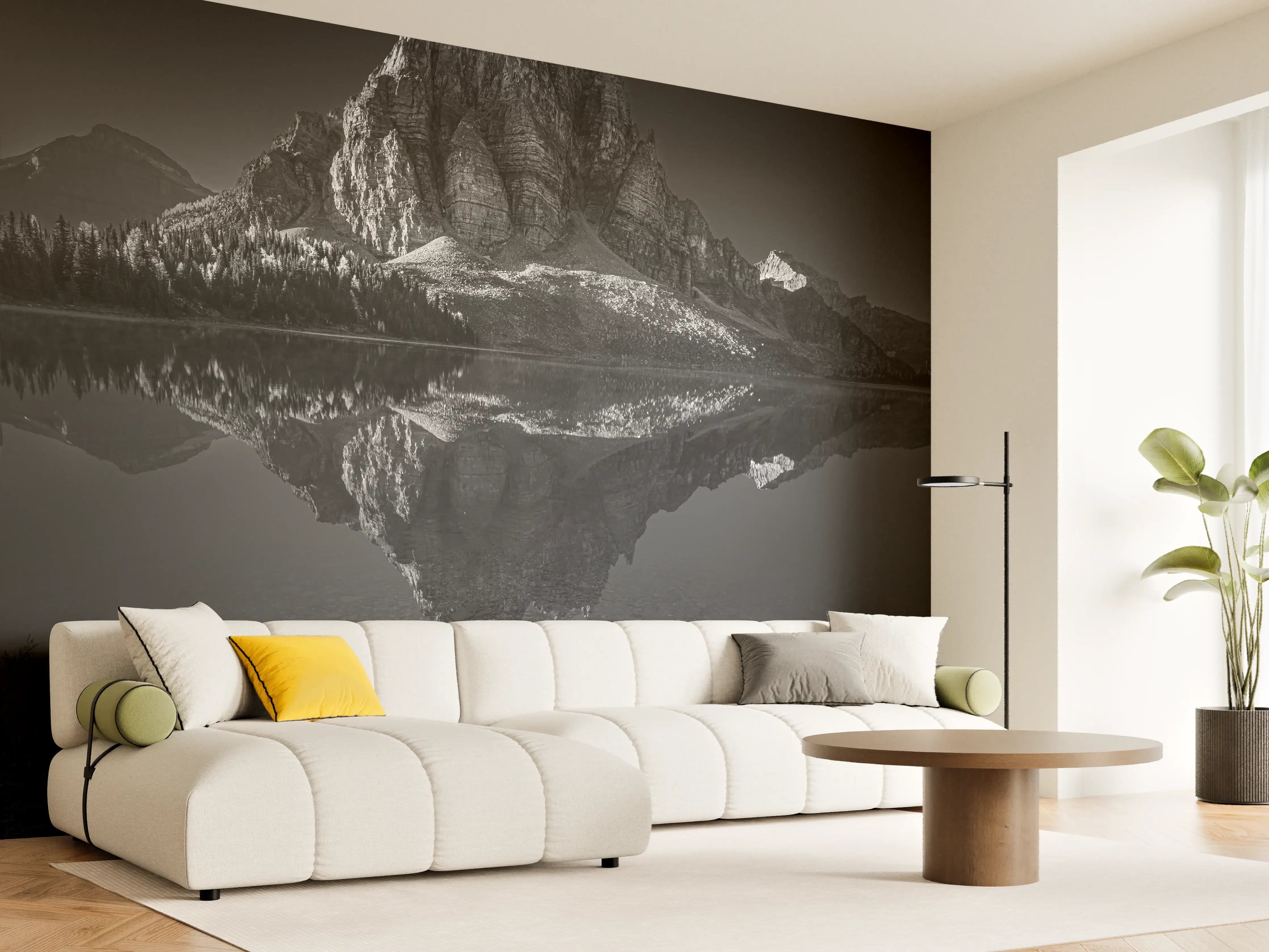 Wandverkleidung Wohnzimmer - Majestätischer Berg im Spiegelbild