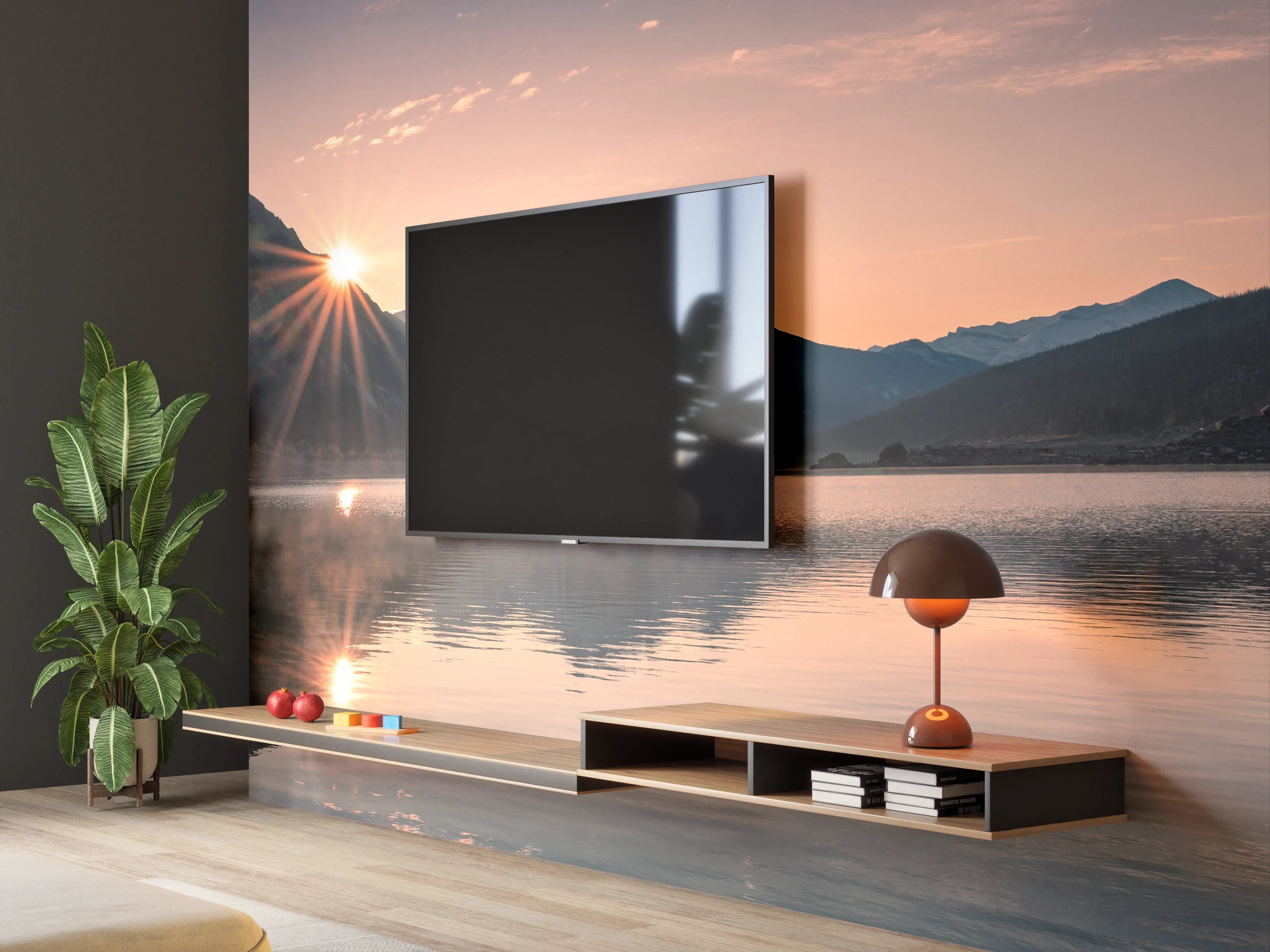 Wandverkleidung Wohnzimmer - Majestätischer Bergsee bei Sonnenaufgang mit Gipfeln und Himmel