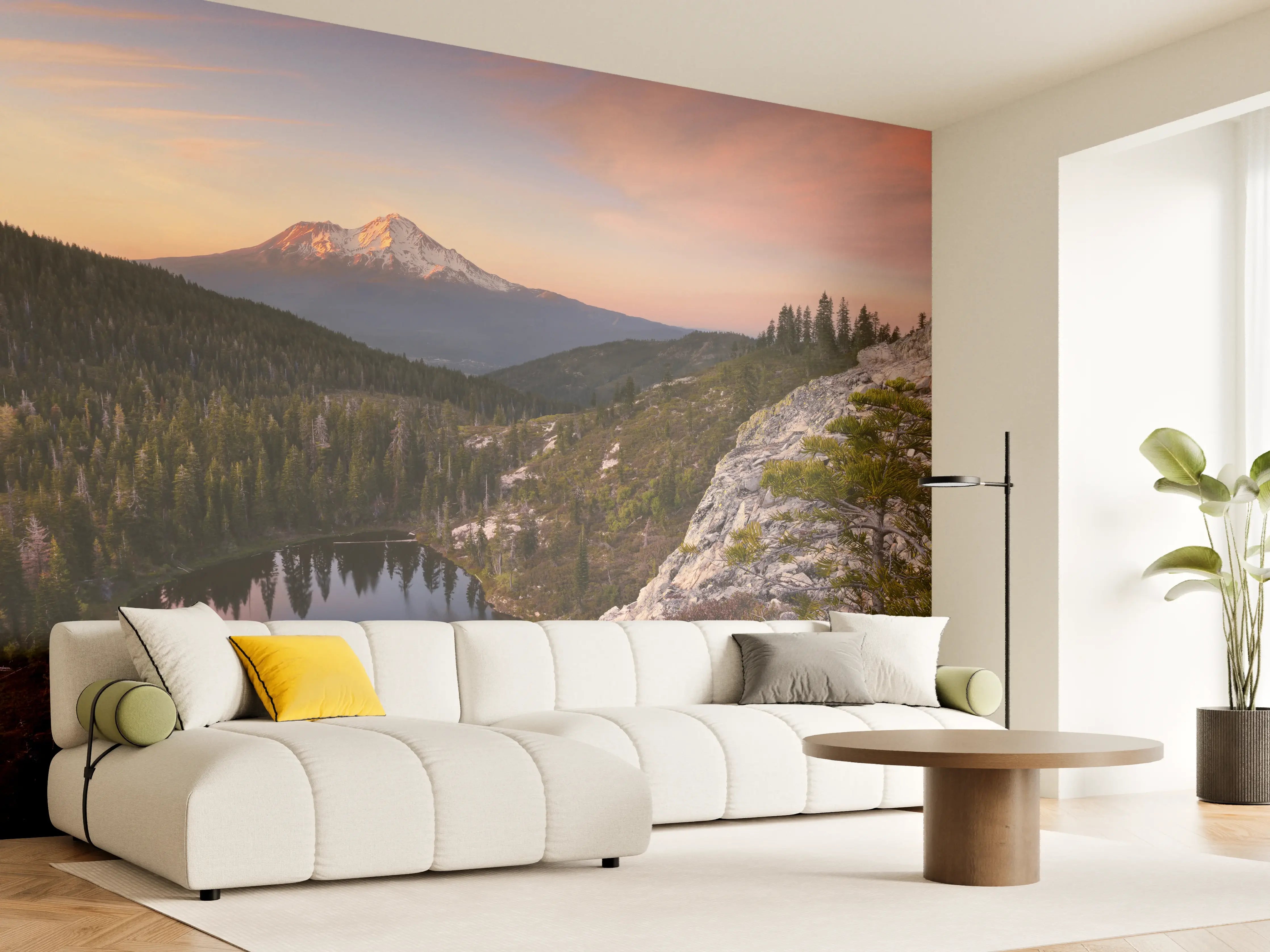 Wandverkleidung Wohnzimmer - Majestätischer Bergsee bei Sonnenuntergang mit Blick auf den Vulkan