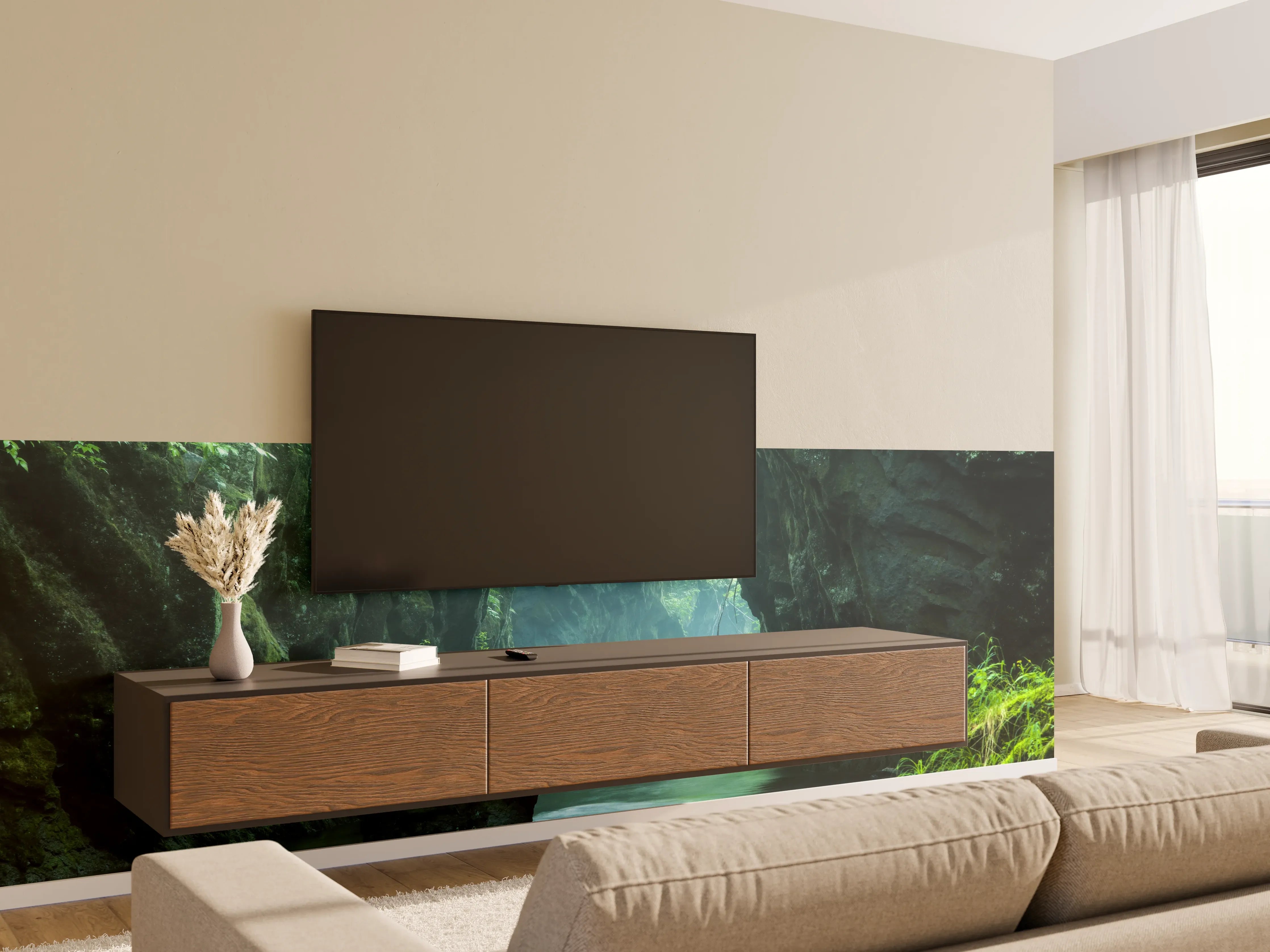 Wandverkleidung Wohnzimmer - Majestätischer Naturpark mit Fluss und Felsen