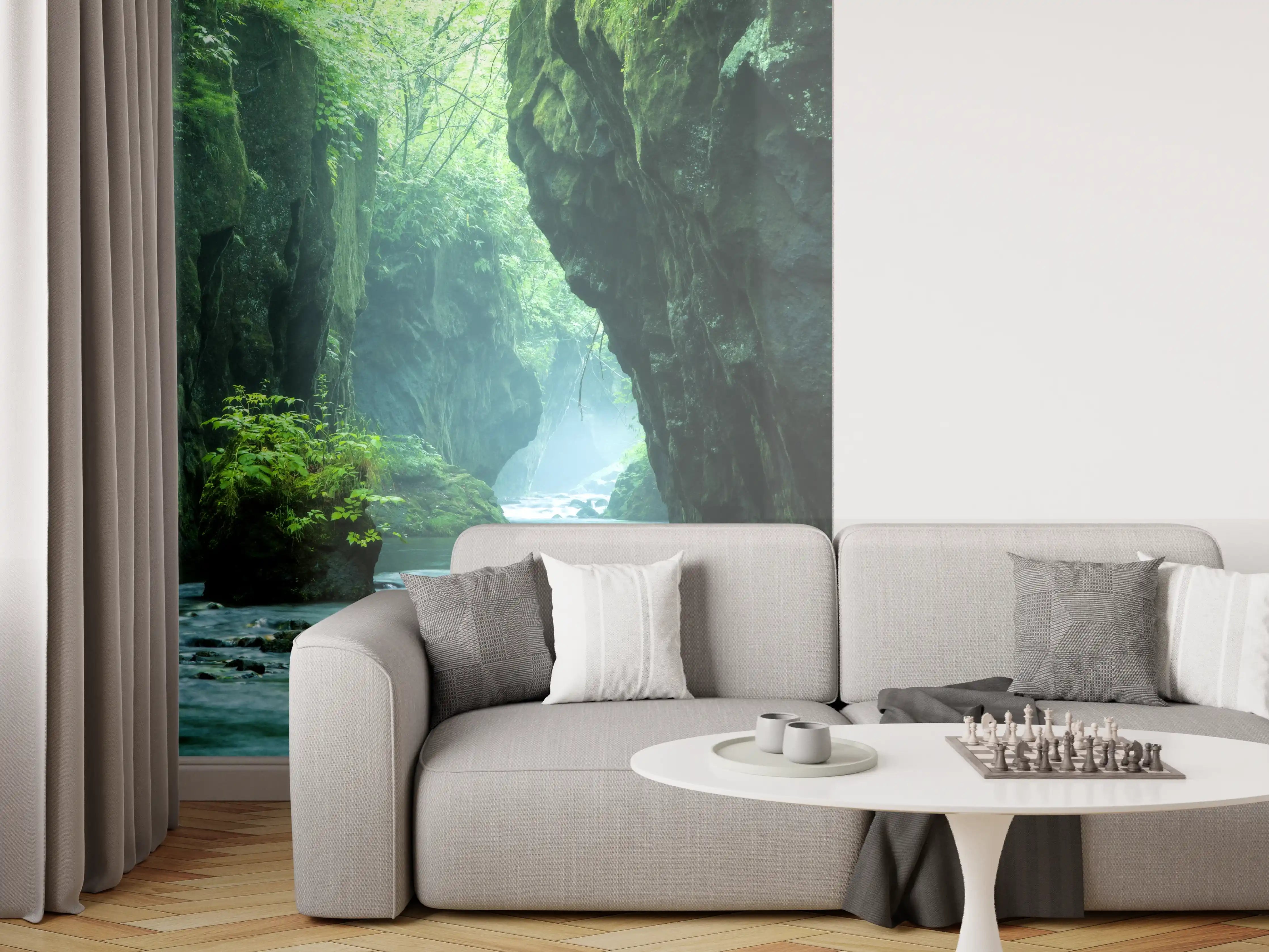 Wandverkleidung Wohnzimmer - Majestätischer Naturpark mit Fluss und Felsen