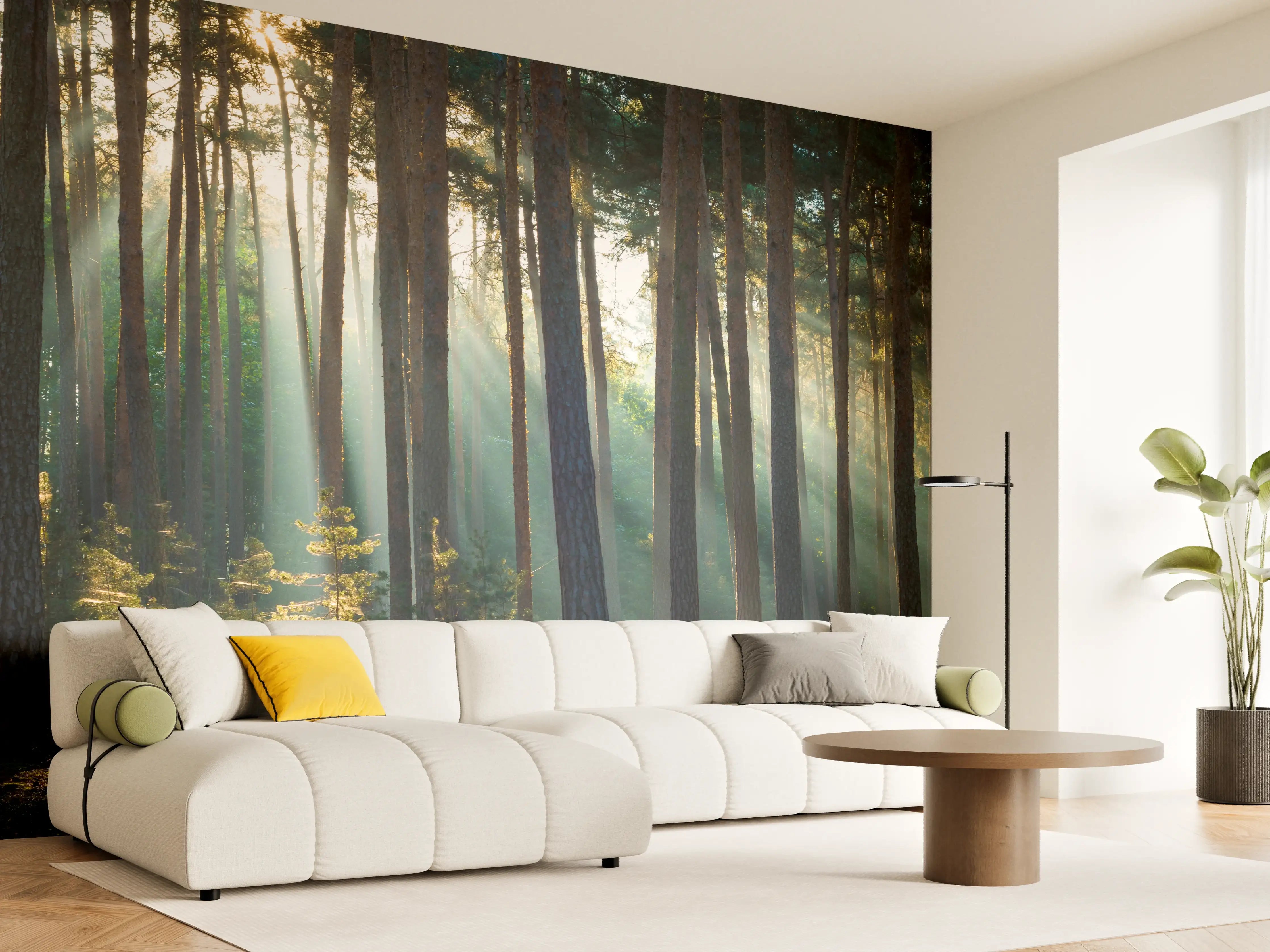 Wandverkleidung Wohnzimmer - Majestätischer Sonnenlichteffekt im Wald