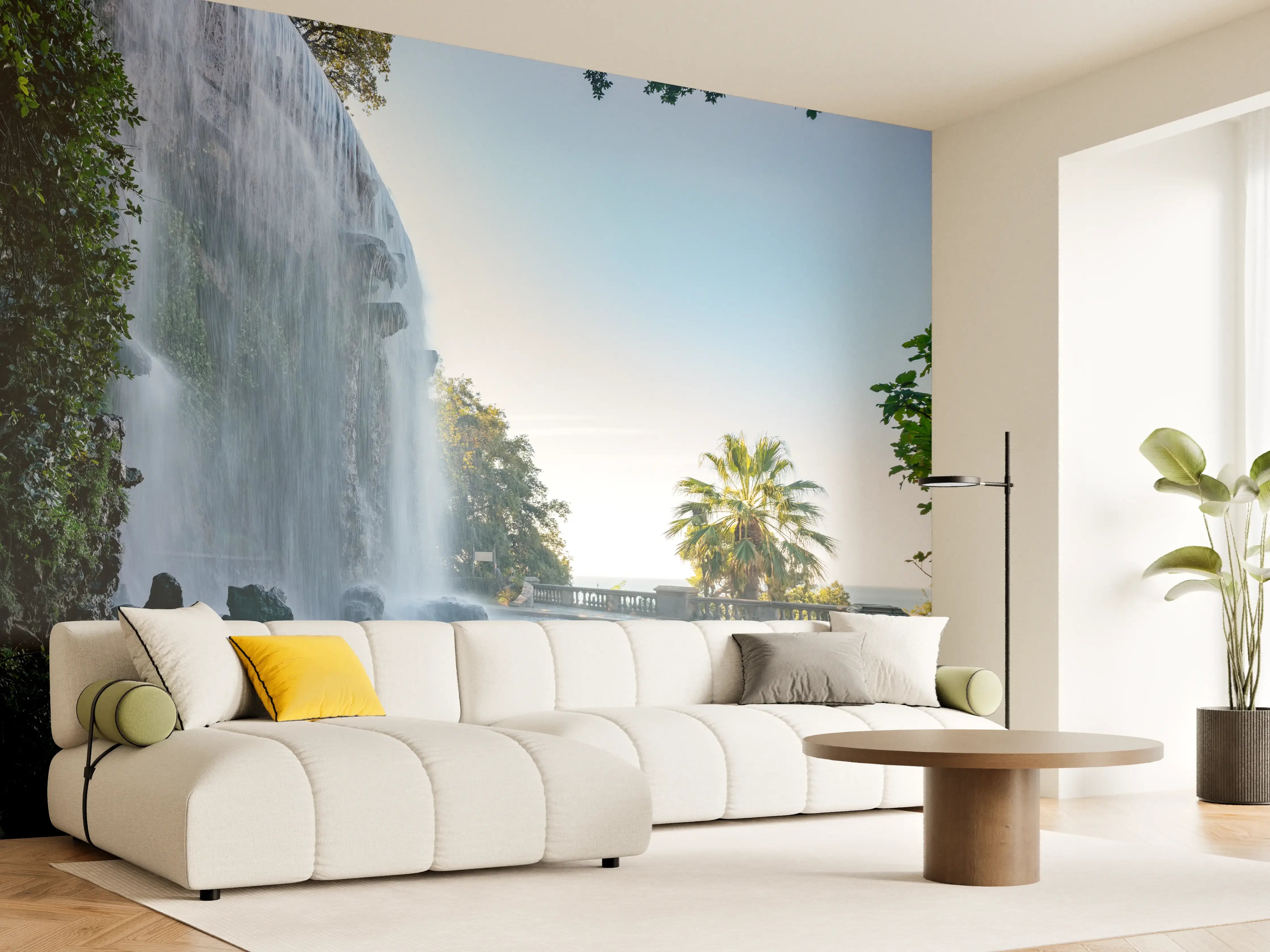 Wandverkleidung Wohnzimmer - Majestätischer Wasserfall an einer Promenade