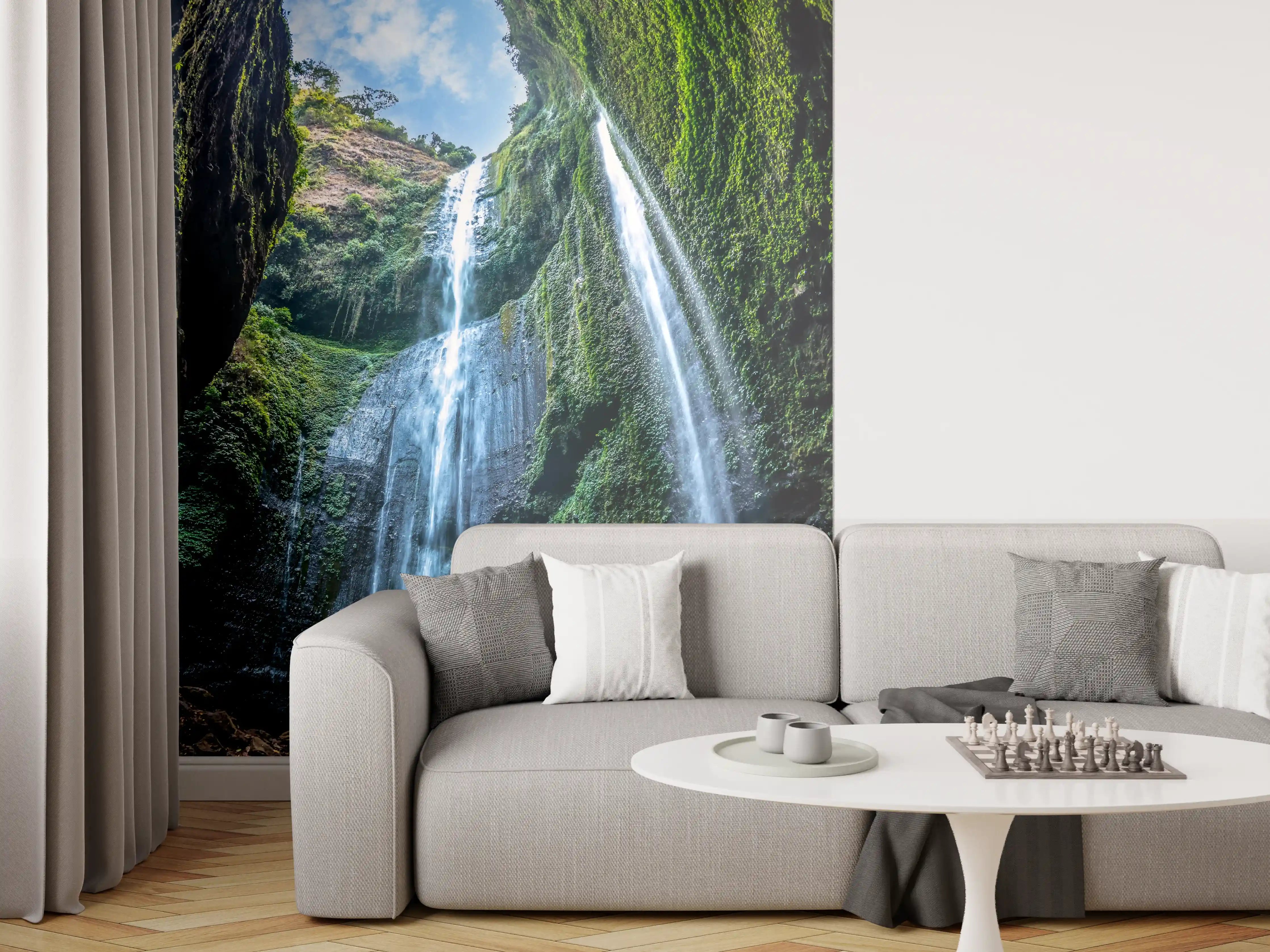 Wandverkleidung Wohnzimmer - Majestätischer Wasserfall in einer Höhle