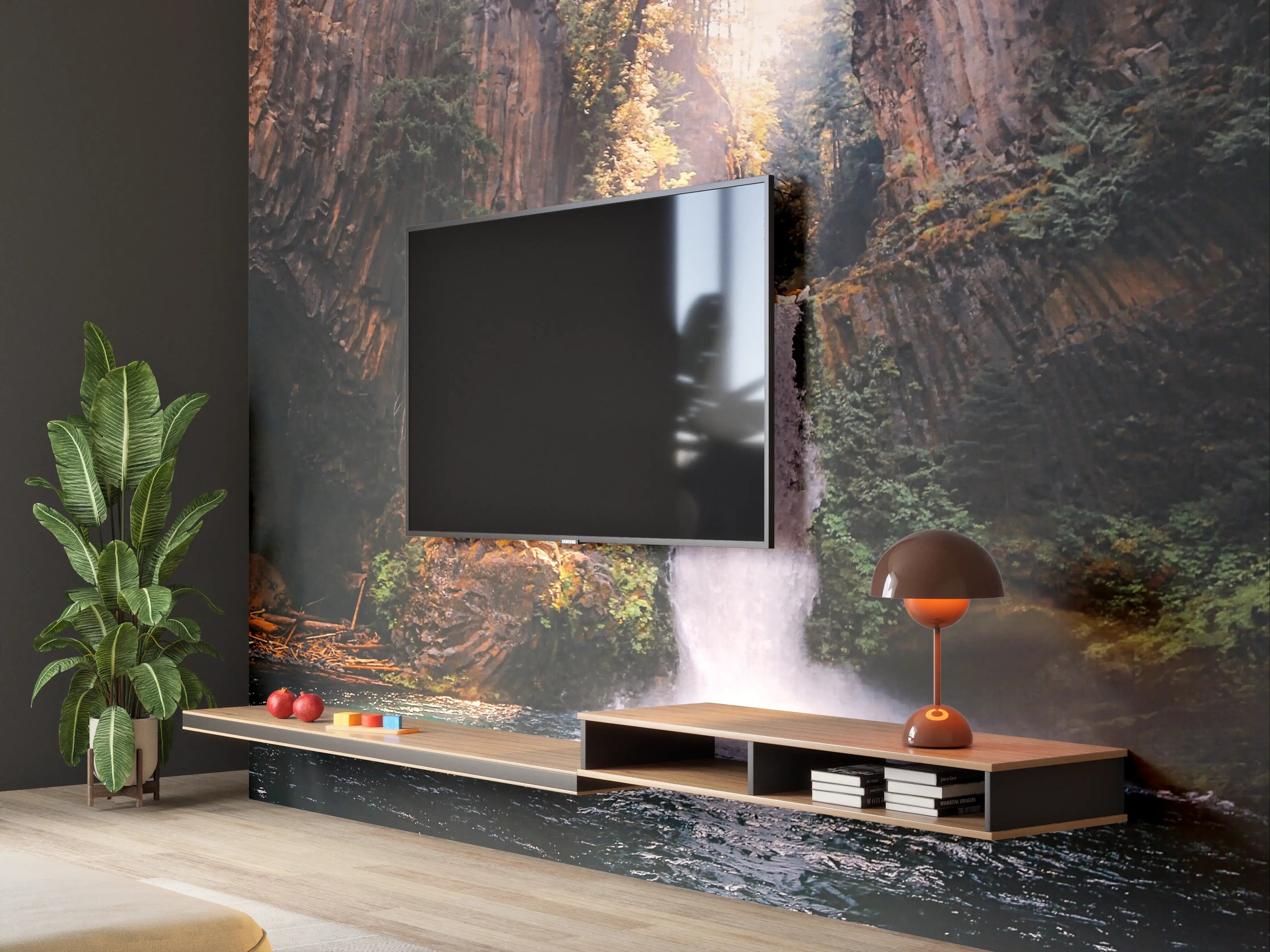 Wandverkleidung Wohnzimmer - Majestätischer Wasserfall in natürlicher Umgebung