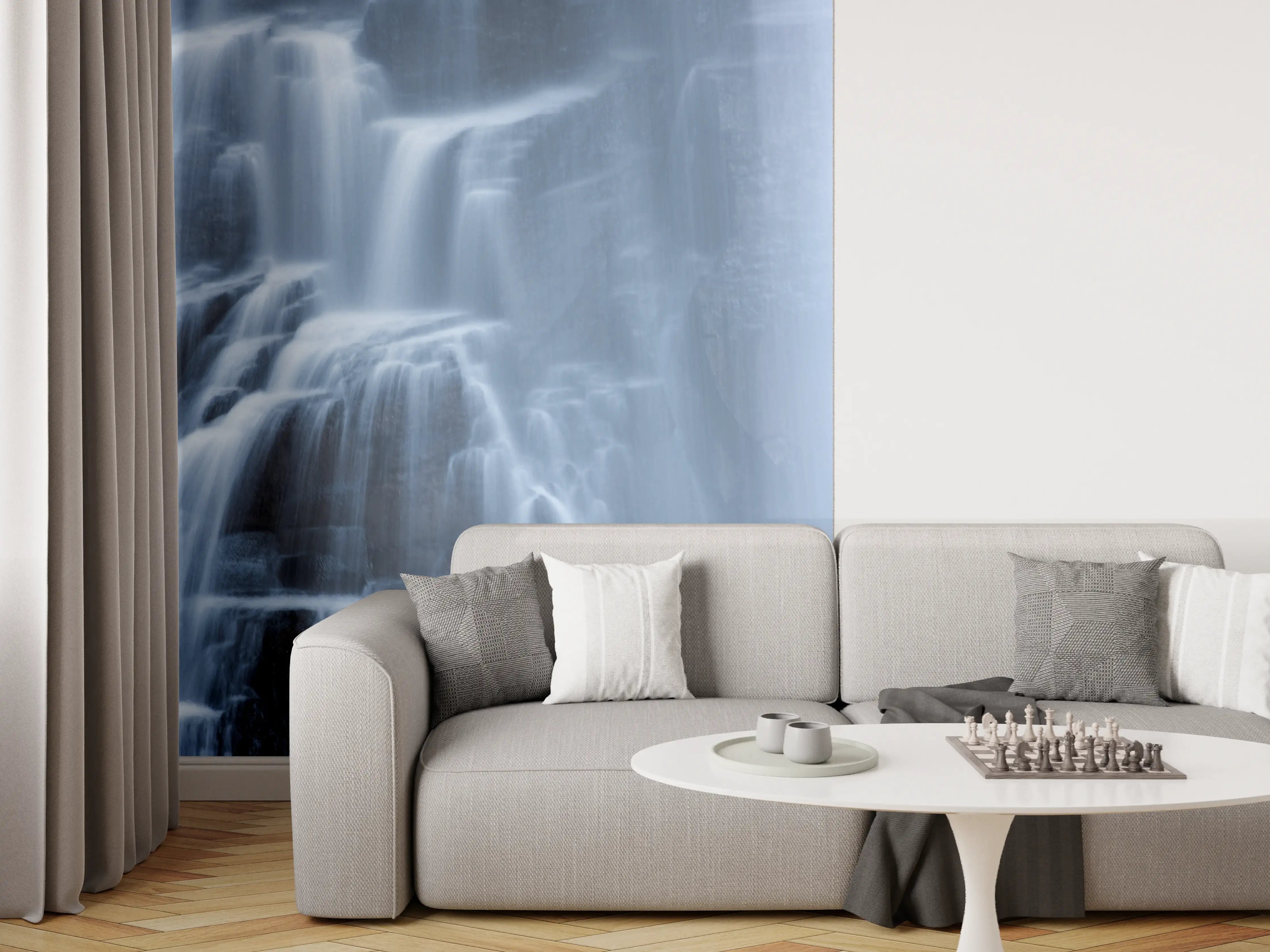 Wandverkleidung Wohnzimmer - Majestätischer Wasserfall in sanftem Wasserlicht