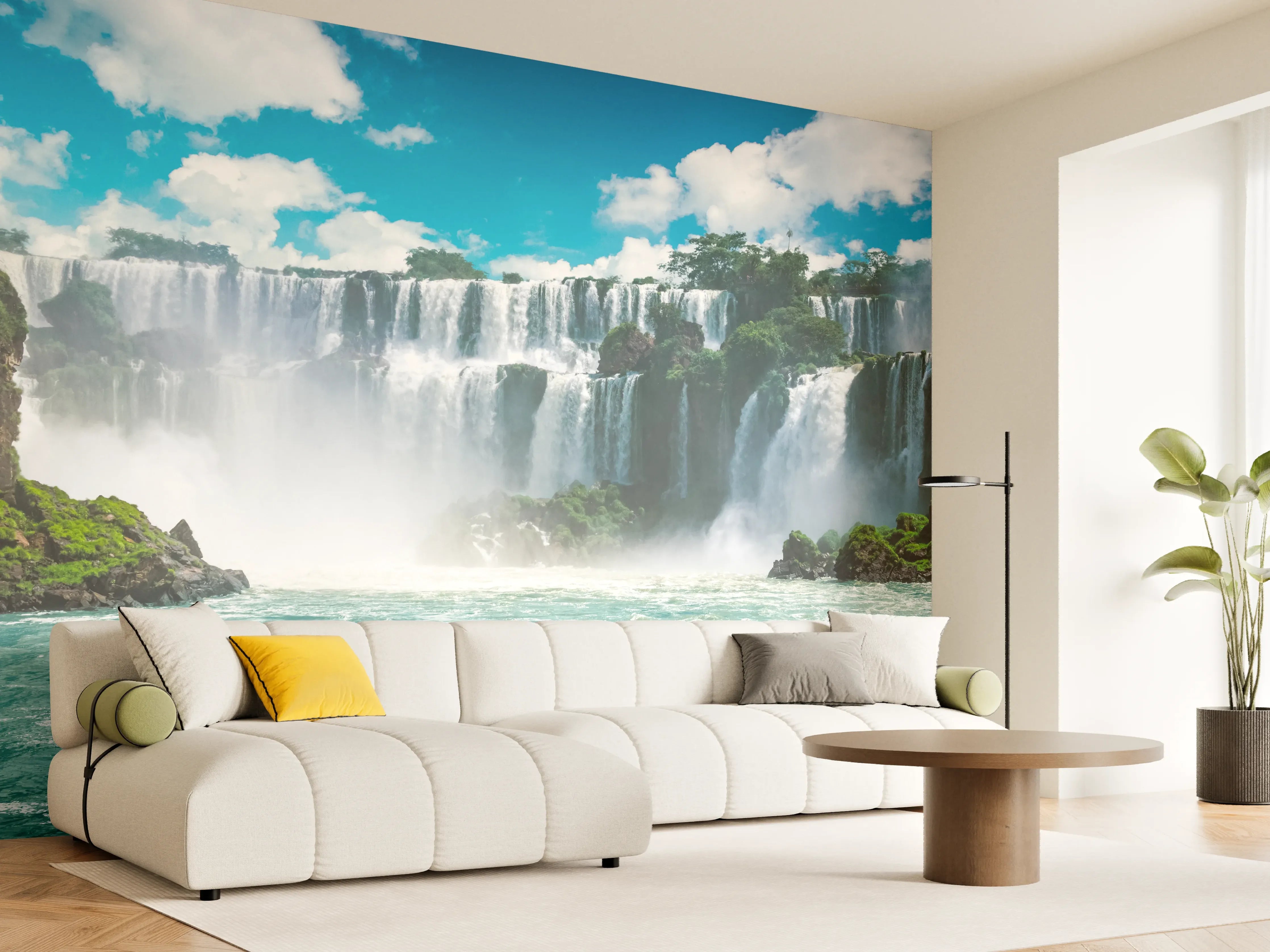 Wandverkleidung Wohnzimmer - Majestätischer Wasserfall inmitten grüner Natur