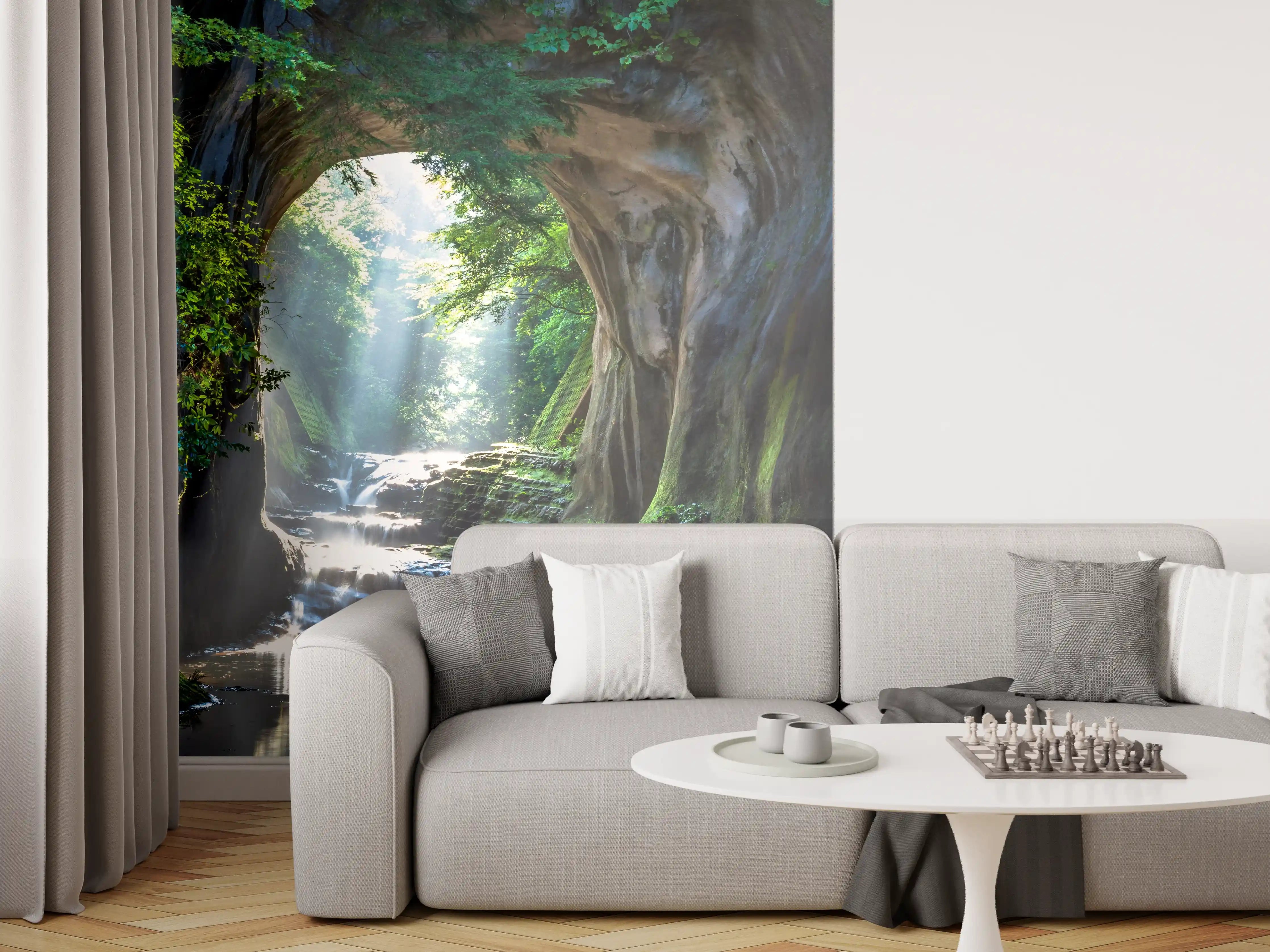 Wandverkleidung Wohnzimmer - Majestätischer Wasserhalls inmitten grüner Natur