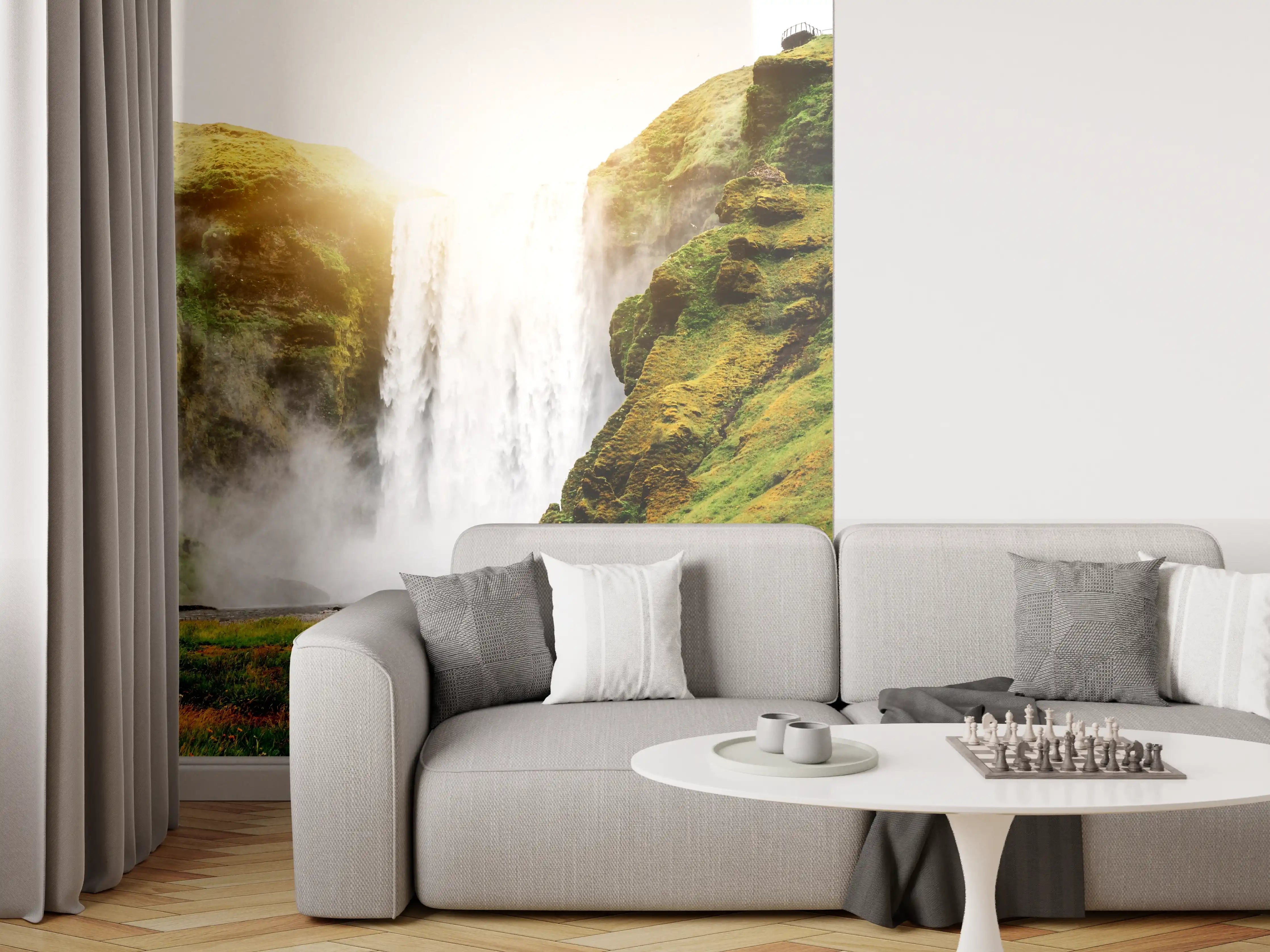 Wandverkleidung Wohnzimmer - Majestatischer Wasserfall in Island bei Sonnenaufgang