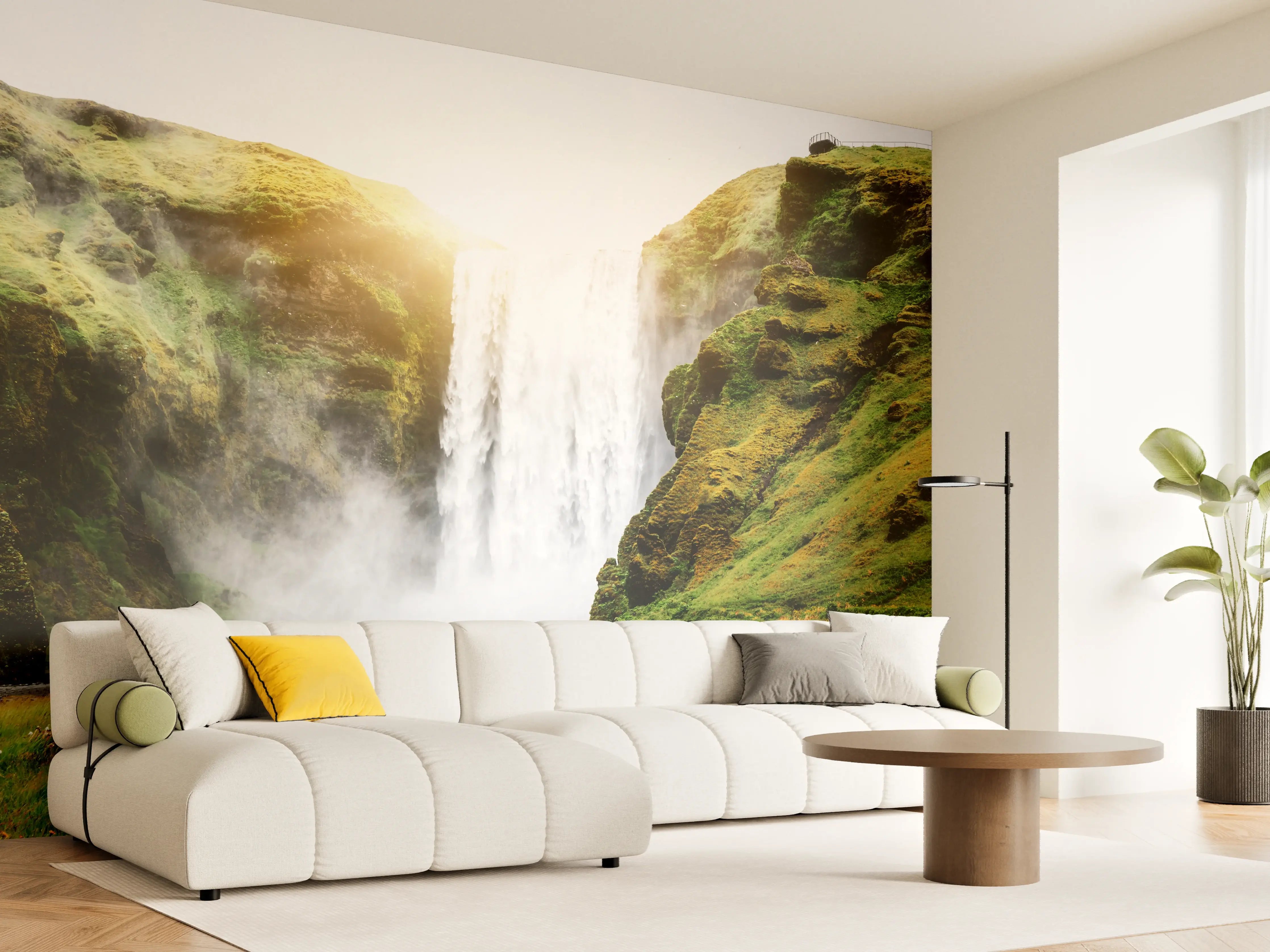 Wandverkleidung Wohnzimmer - Majestatischer Wasserfall in Island bei Sonnenaufgang