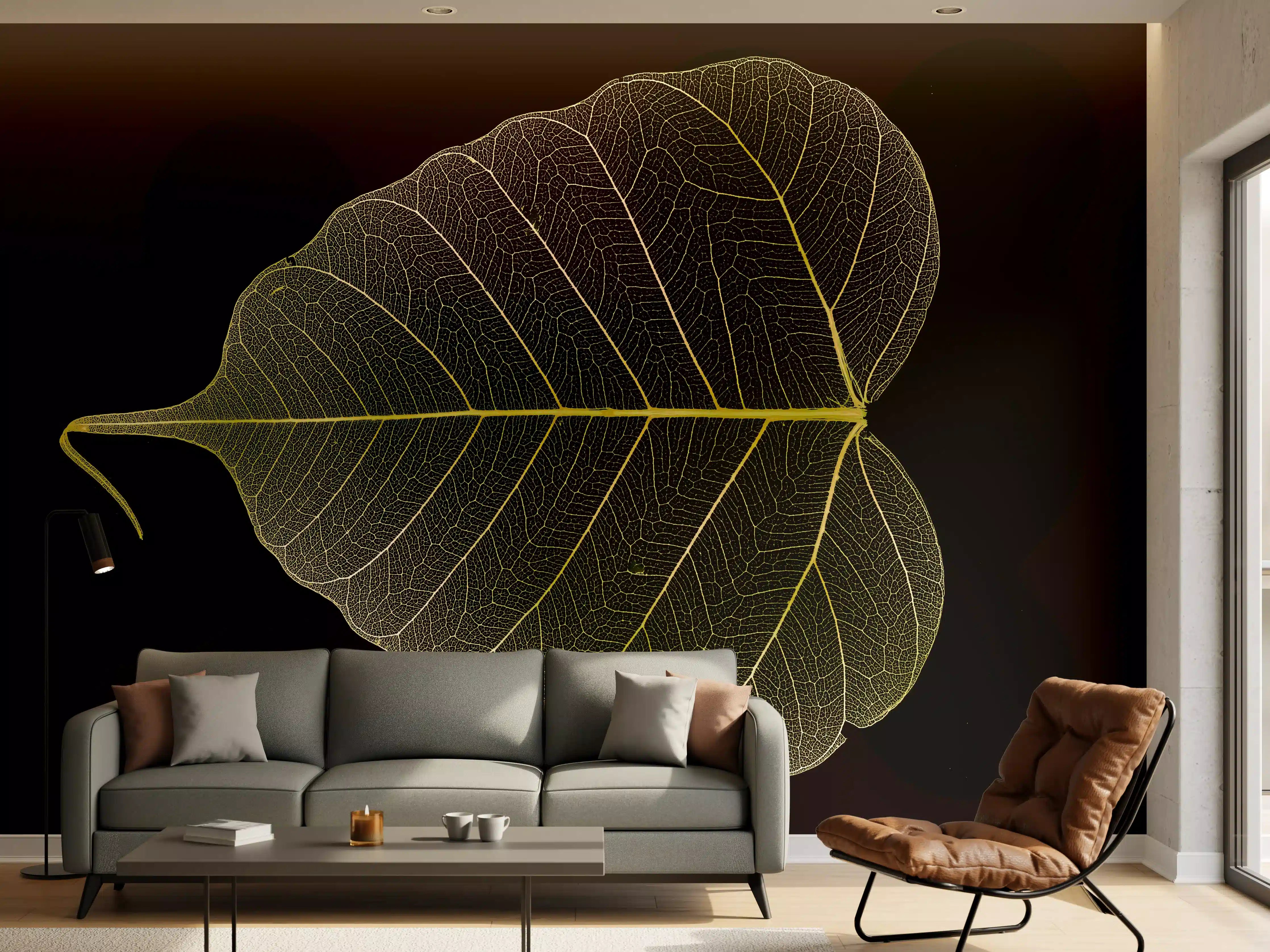 Wandverkleidung Wohnzimmer - Makrofotografie Blattstruktur Gelb