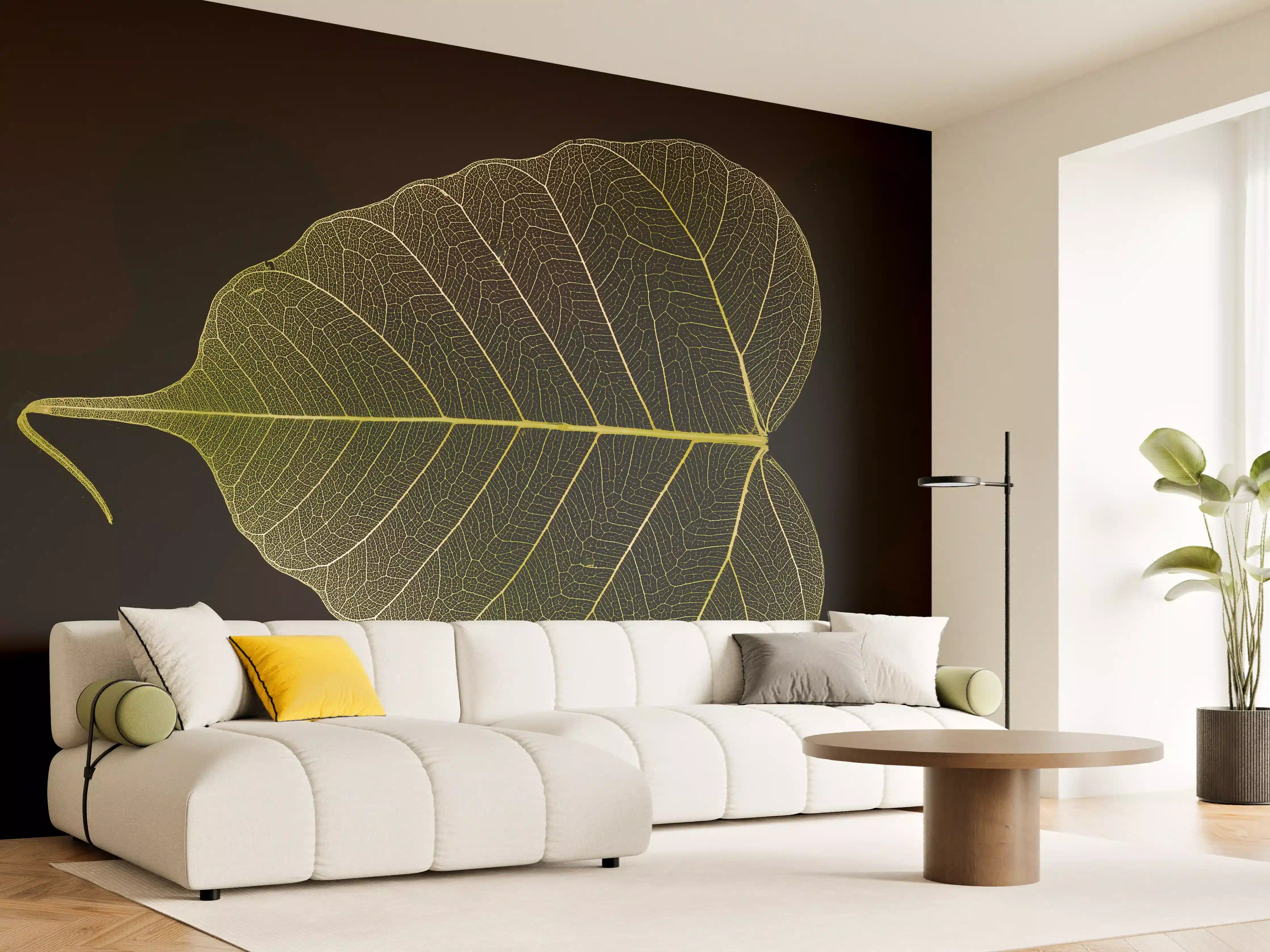 Wandverkleidung Wohnzimmer - Makrofotografie Blattstruktur Gelb