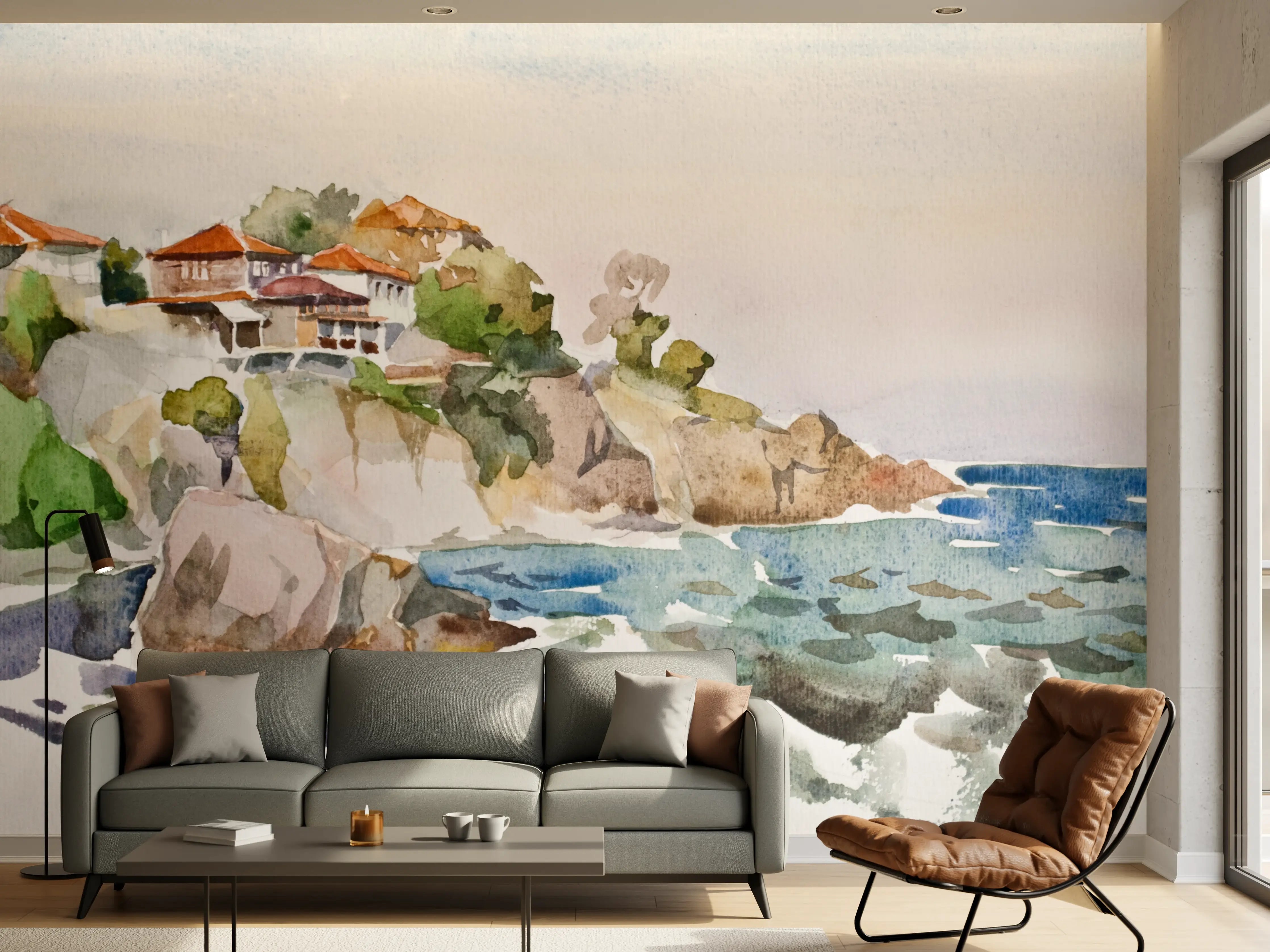 Wandverkleidung Wohnzimmer - Malerei einer Küstenlandschaft mit Häusern