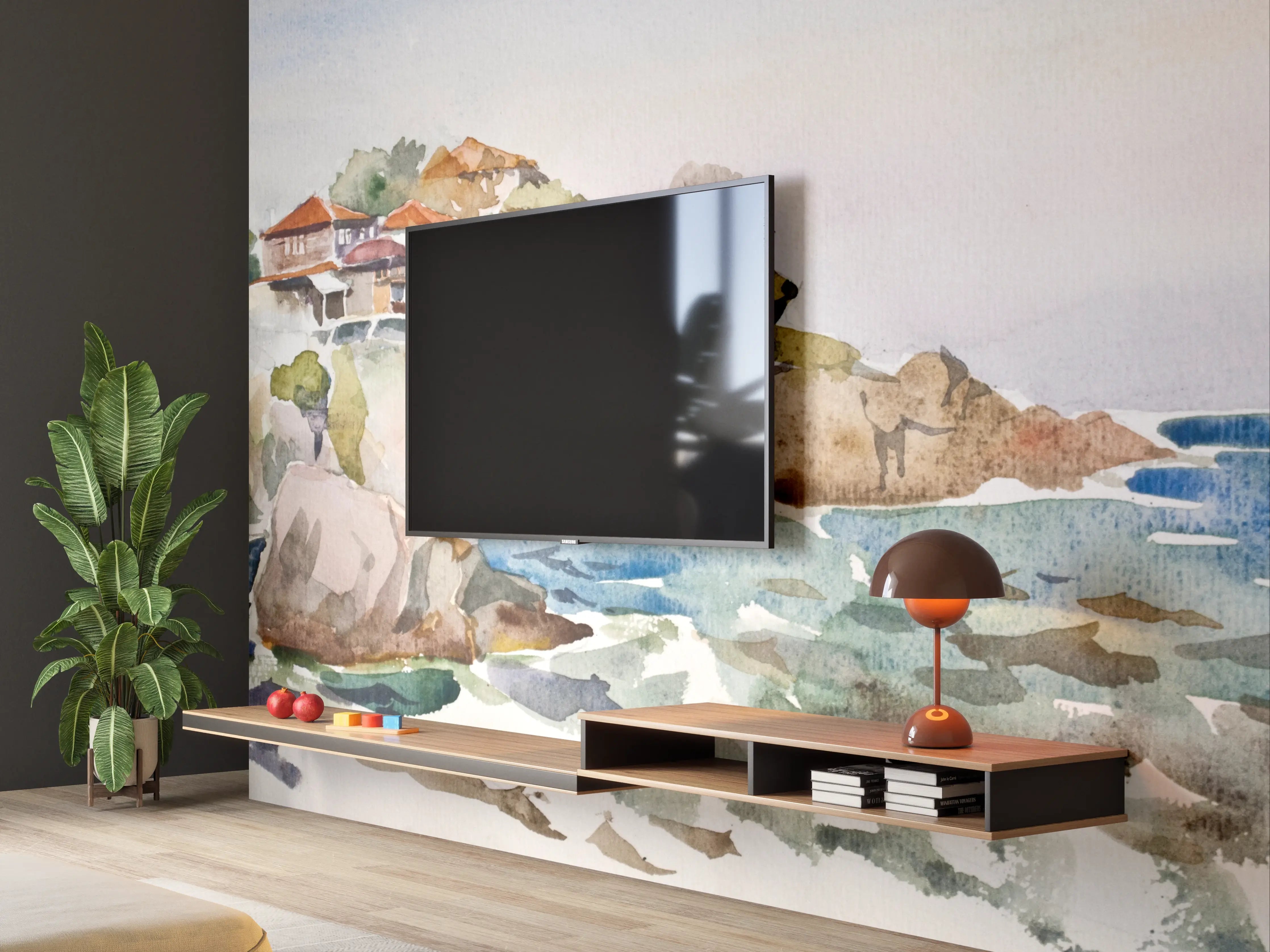 Wandverkleidung Wohnzimmer - Malerei einer Küstenlandschaft mit Häusern