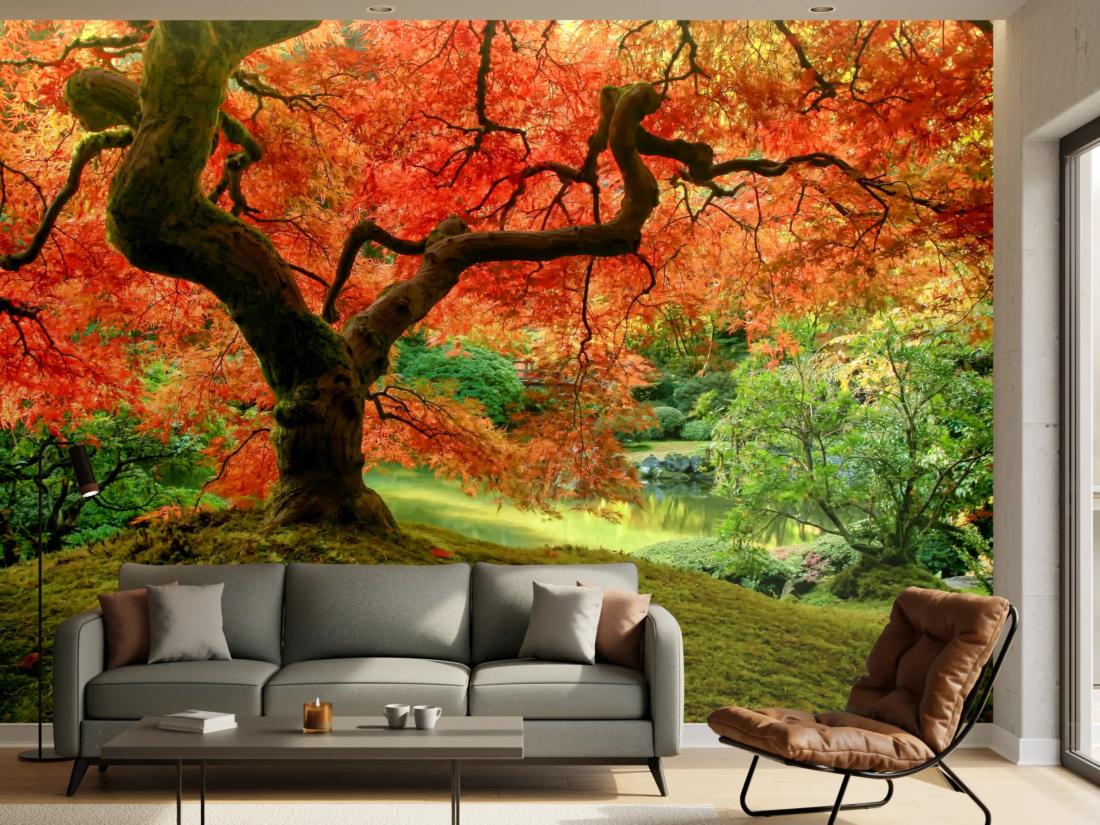 Wandverkleidung Wohnzimmer - Malerei eines Herbstwaldes mit lebendigen Farben