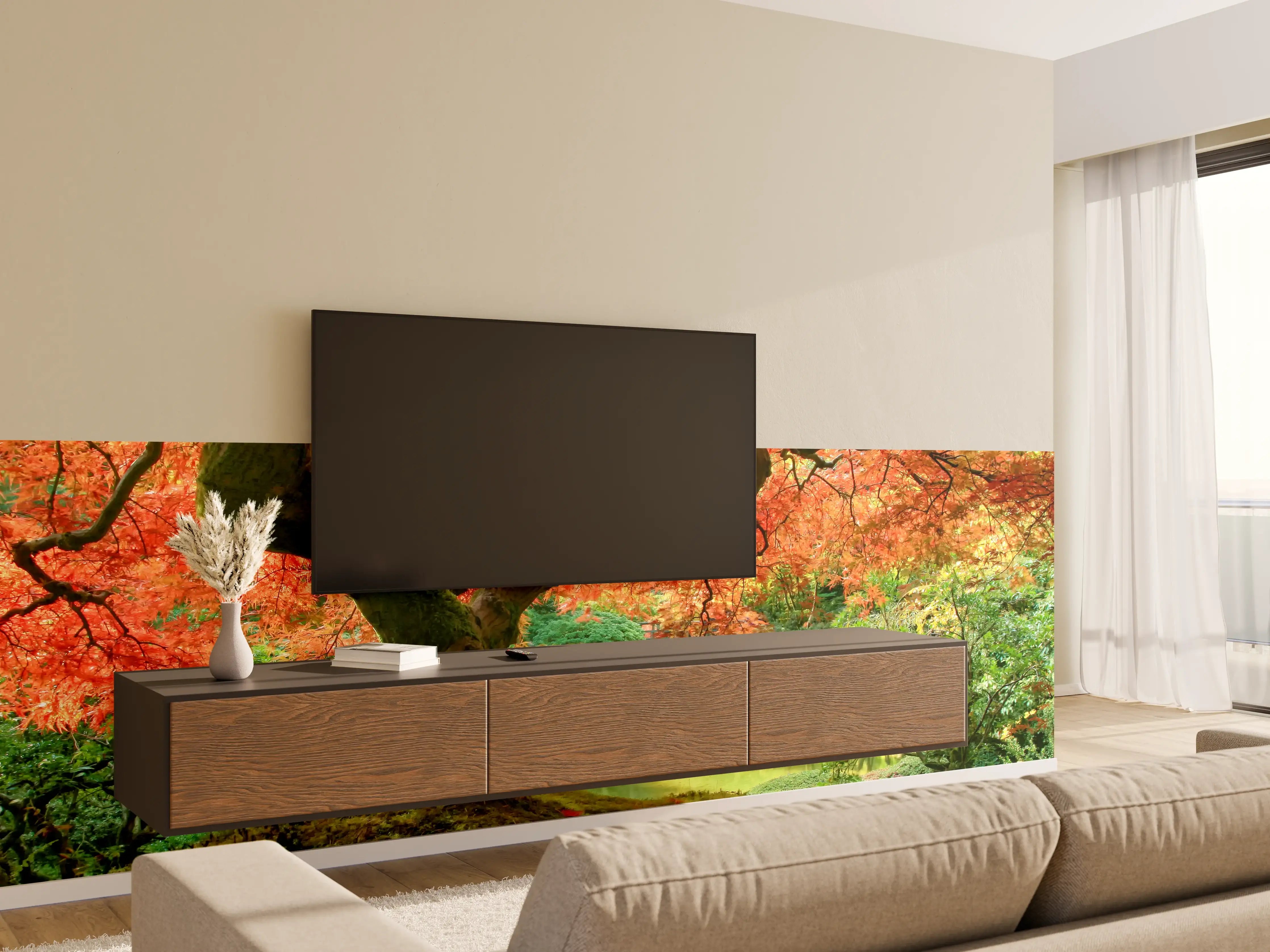 Wandverkleidung Wohnzimmer - Malerei eines Herbstwaldes mit lebendigen Farben
