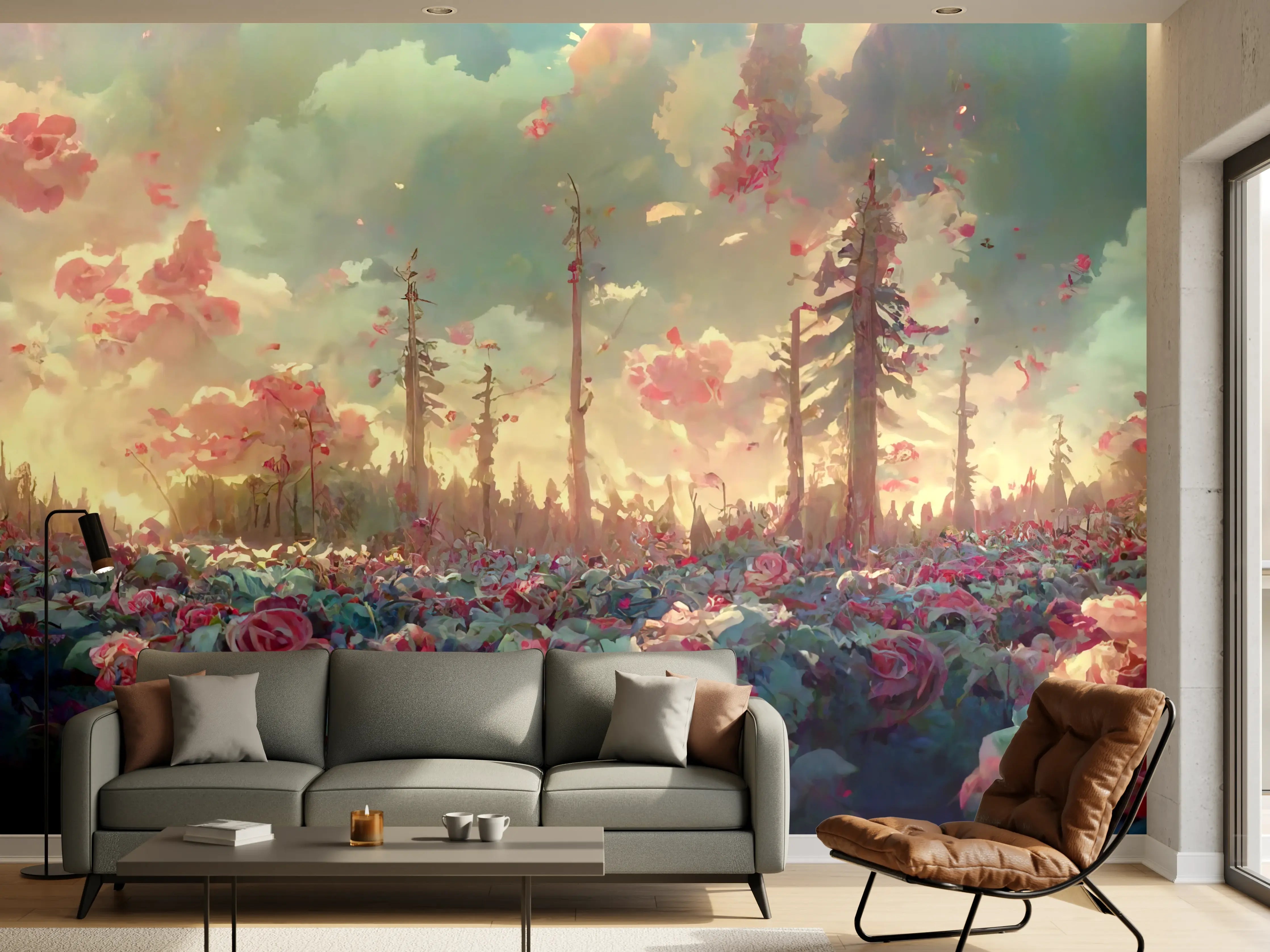 Wandverkleidung Wohnzimmer - Malerei eines magischen Rosenwaldes bei Sonnenuntergang
