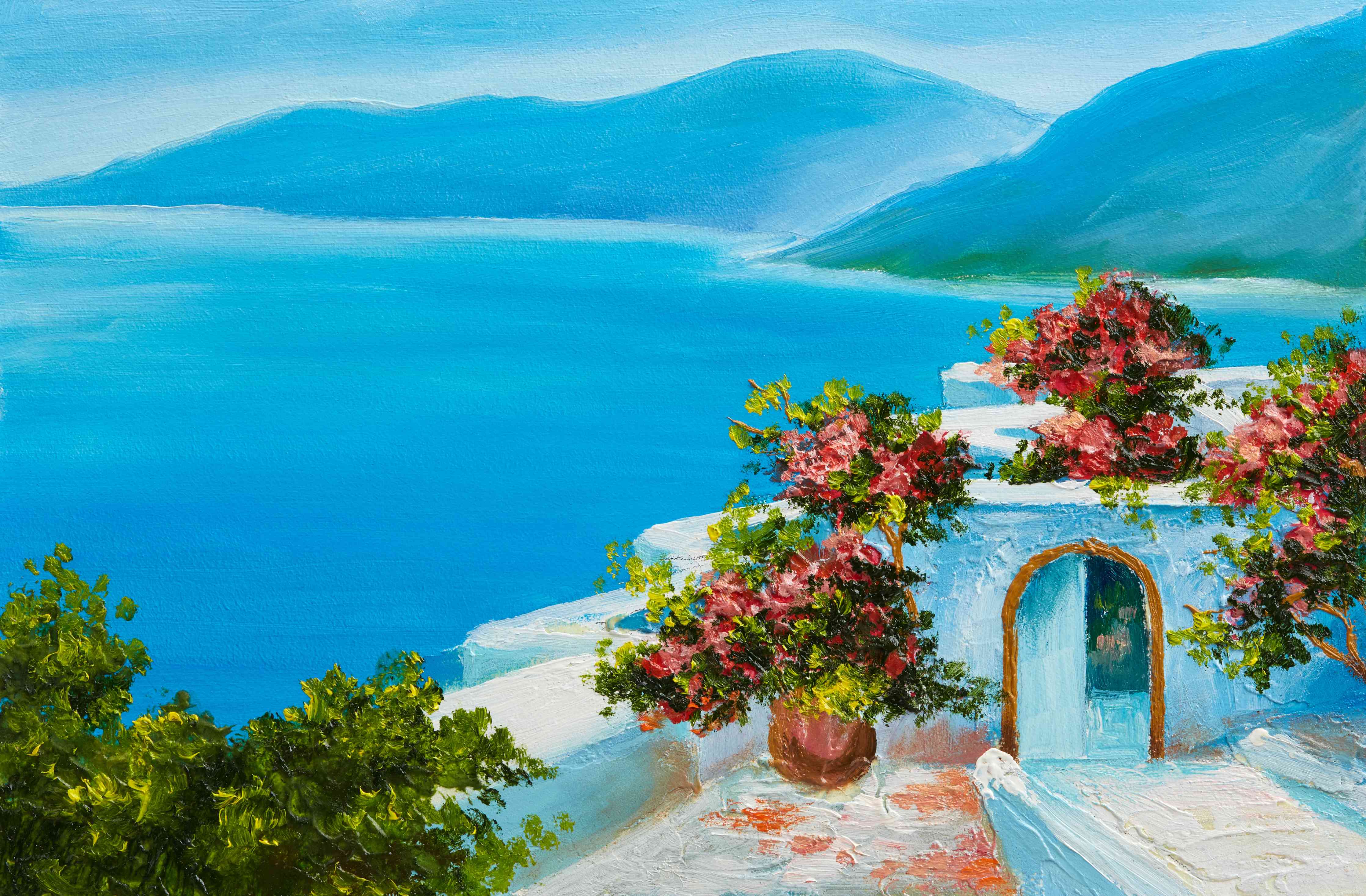 Wandverkleidung Wohnzimmer-Malerei eines mediterranen Landschaftsbildes mit blauer See und blühenden Pflanzen