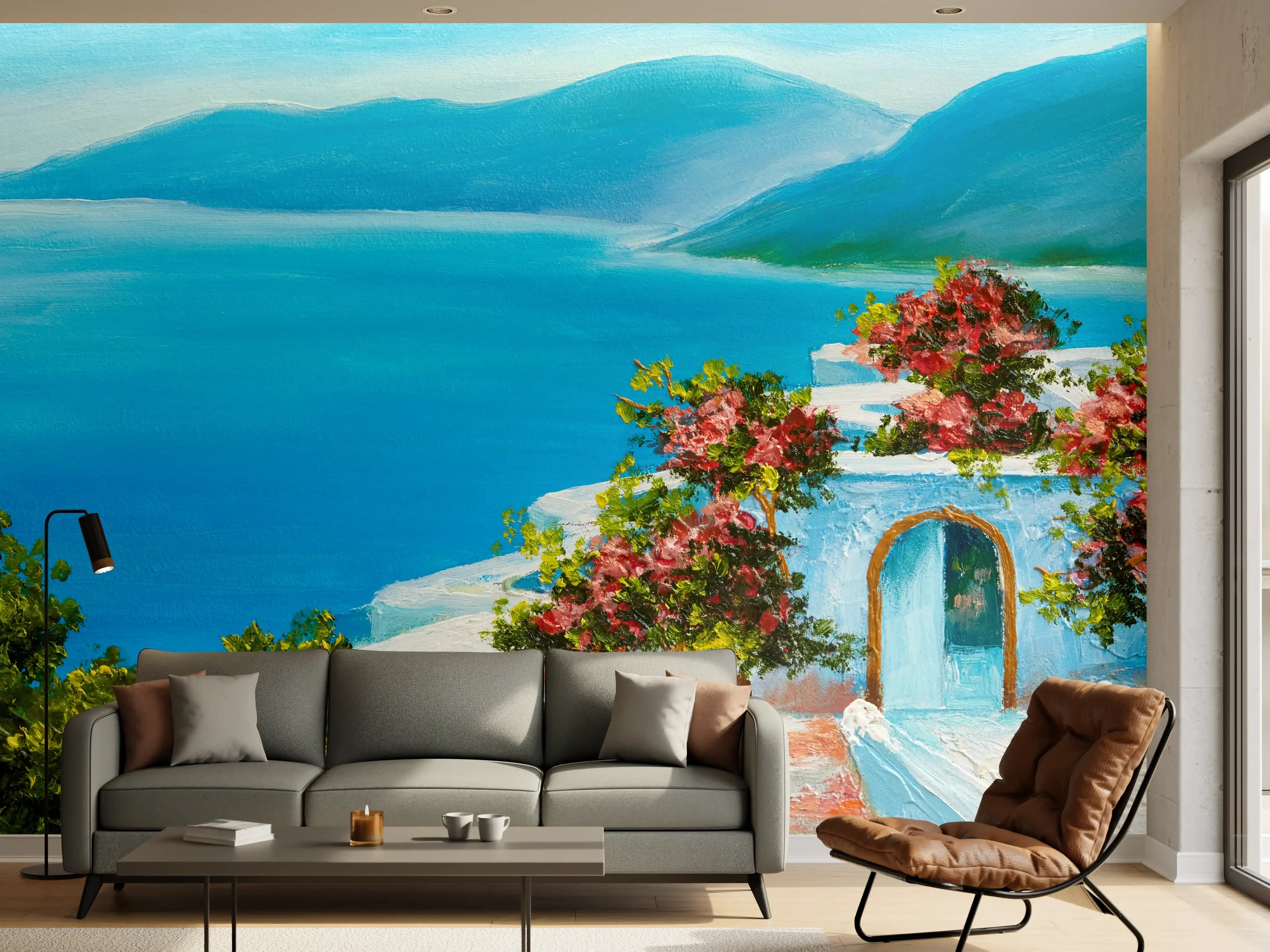 Wandverkleidung Wohnzimmer - Malerei eines mediterranen Landschaftsbildes mit blauer See und blühenden Pflanzen