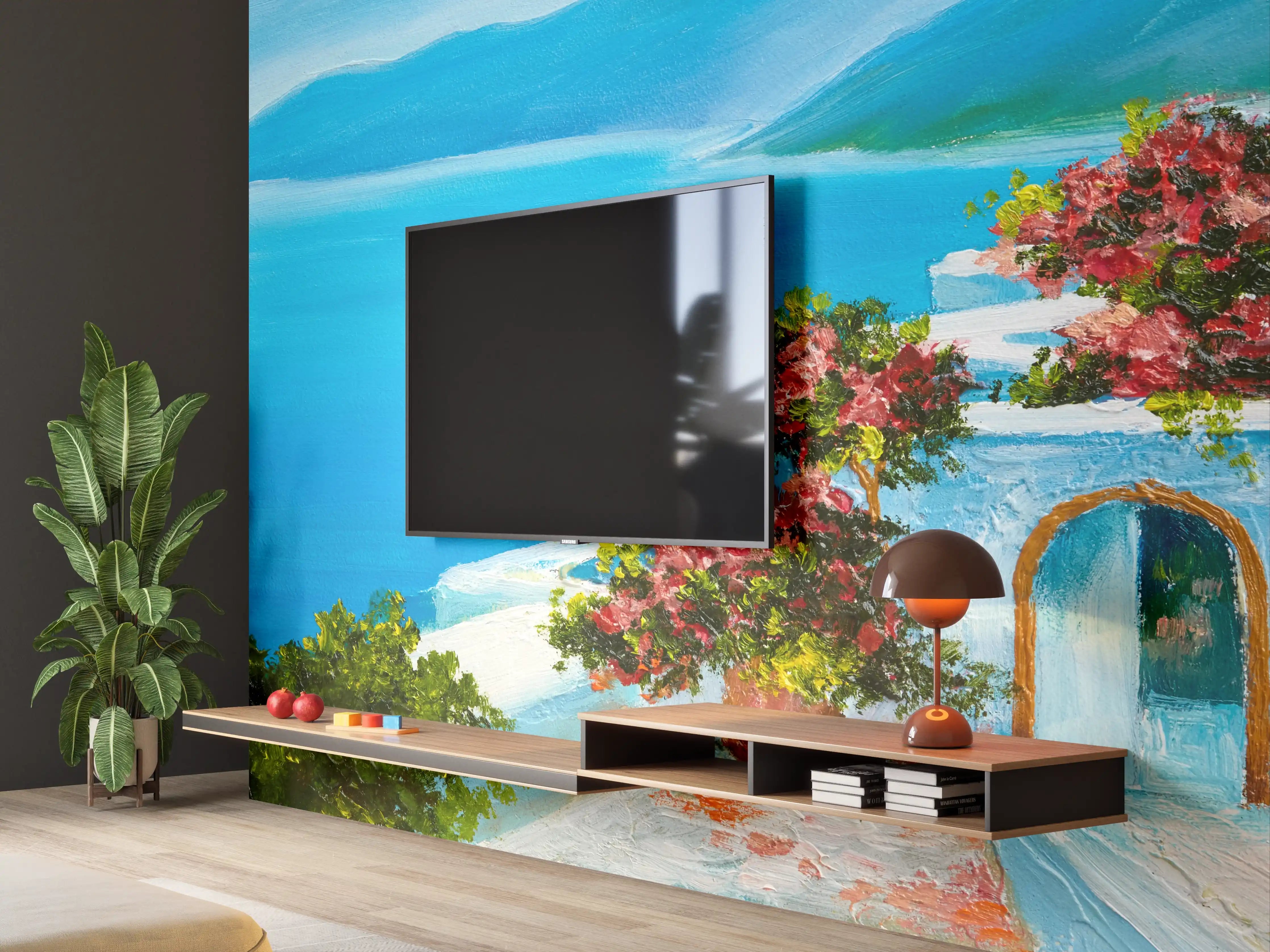 Wandverkleidung Wohnzimmer - Malerei eines mediterranen Landschaftsbildes mit blauer See und blühenden Pflanzen
