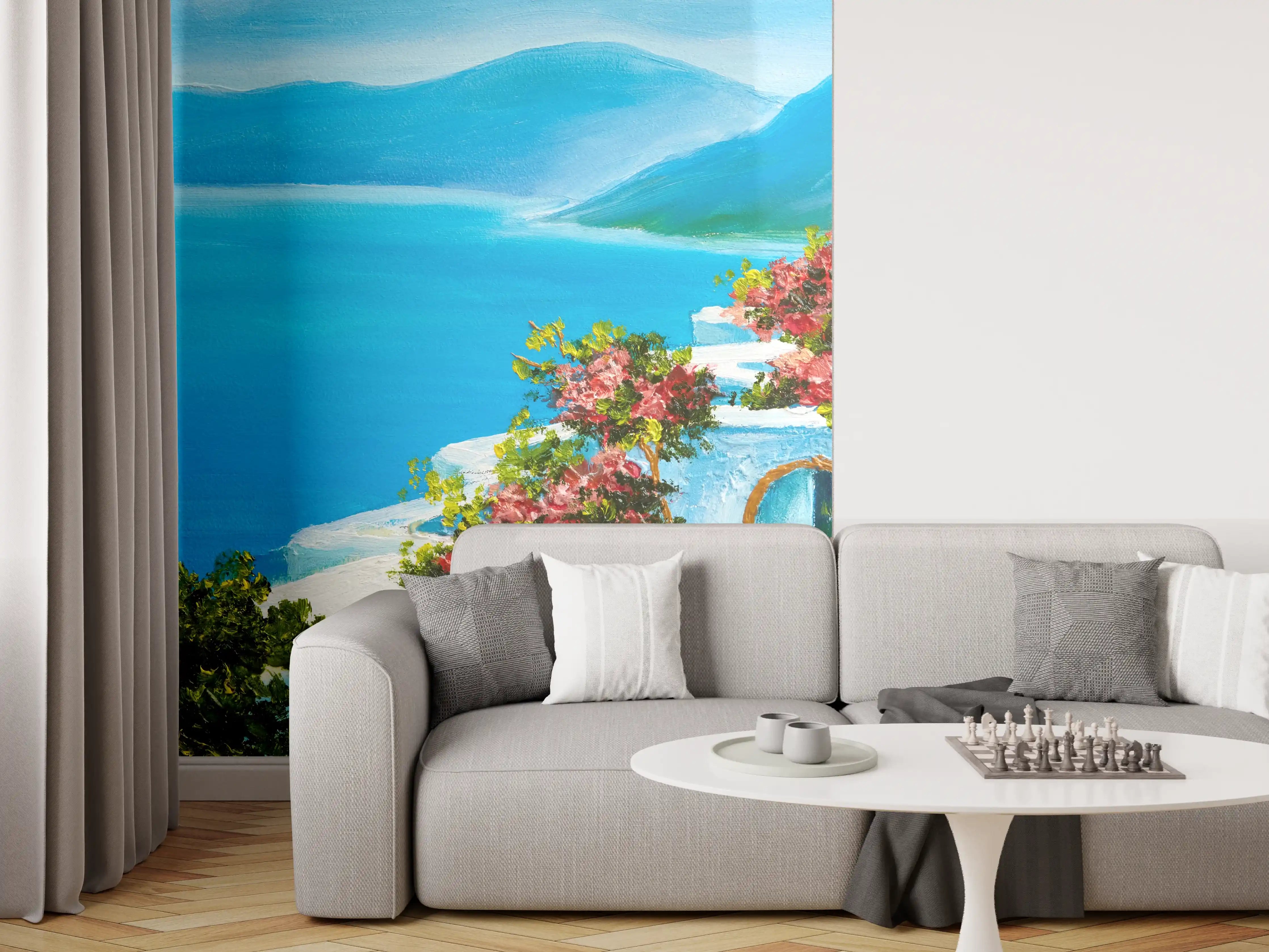 Wandverkleidung Wohnzimmer - Malerei eines mediterranen Landschaftsbildes mit blauer See und blühenden Pflanzen