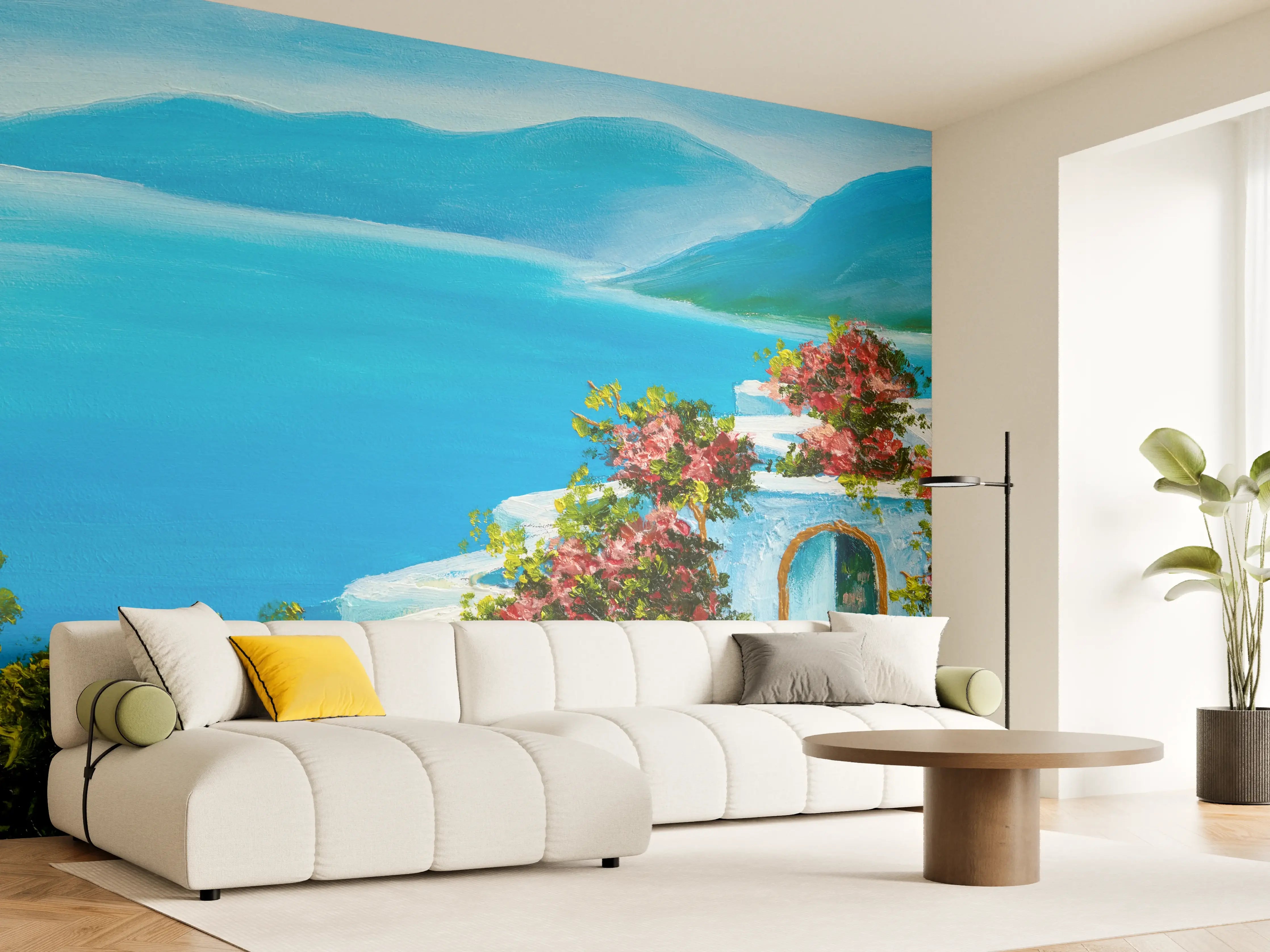 Wandverkleidung Wohnzimmer - Malerei eines mediterranen Landschaftsbildes mit blauer See und blühenden Pflanzen
