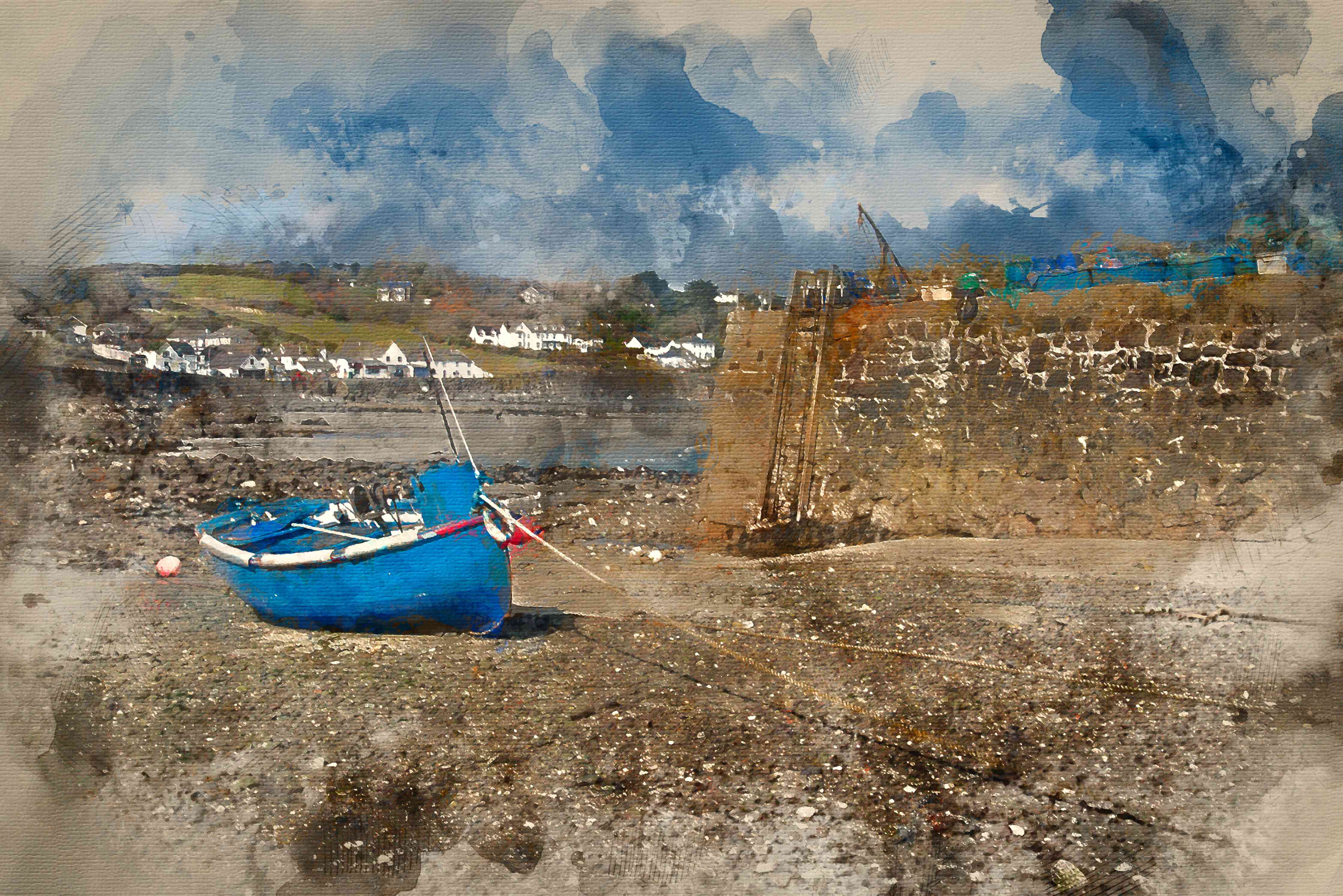 Wandverkleidung Wohnzimmer-Malerei eines ruhigen Hafens mit Boot und Festung