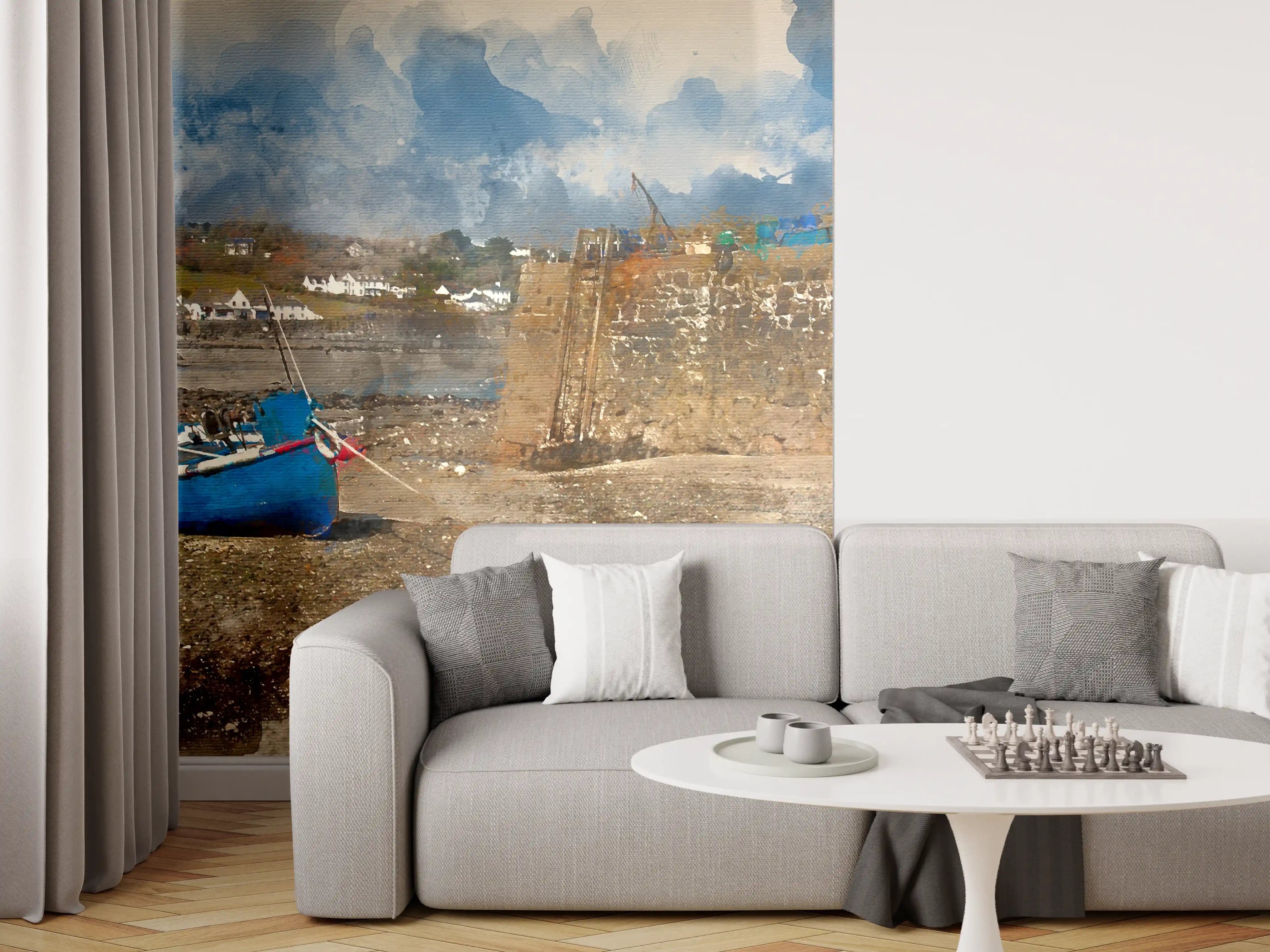 Wandverkleidung Wohnzimmer - Malerei eines ruhigen Hafens mit Boot und Festung