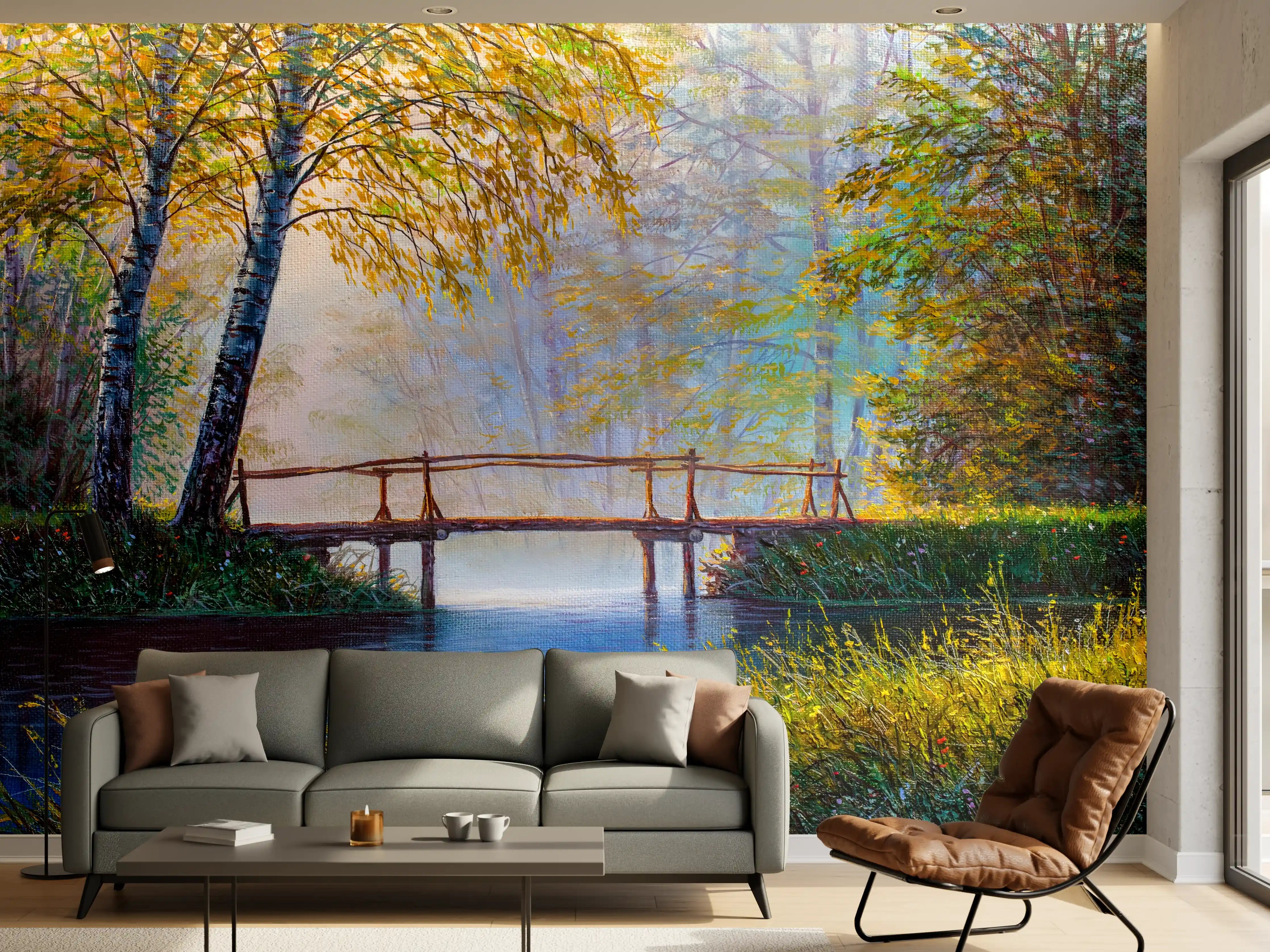 Wandverkleidung Wohnzimmer - Malerei eines ruhigen, natürlichen Flussufers bei Sonnenaufgang
