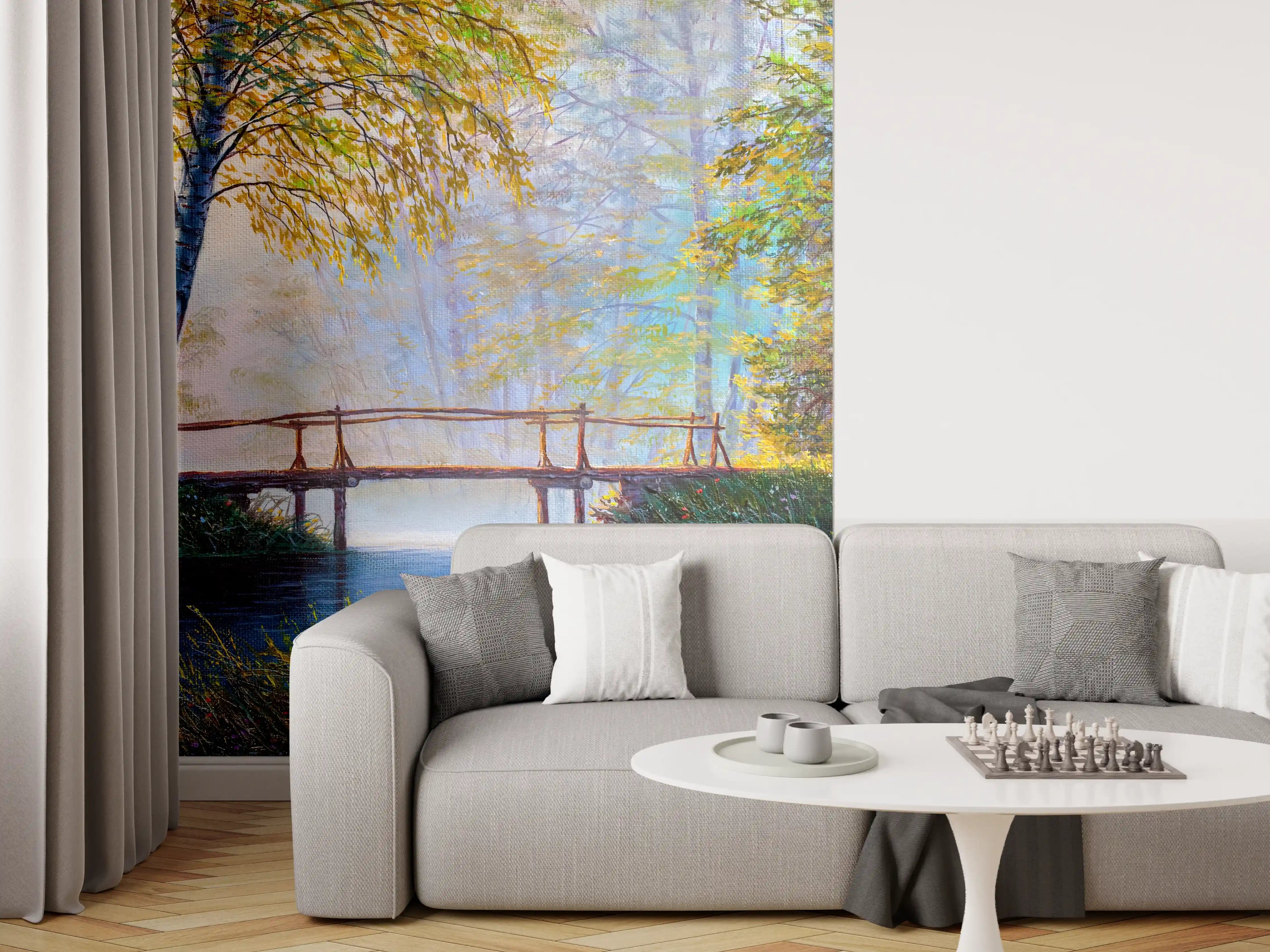 Wandverkleidung Wohnzimmer - Malerei eines ruhigen, natürlichen Flussufers bei Sonnenaufgang