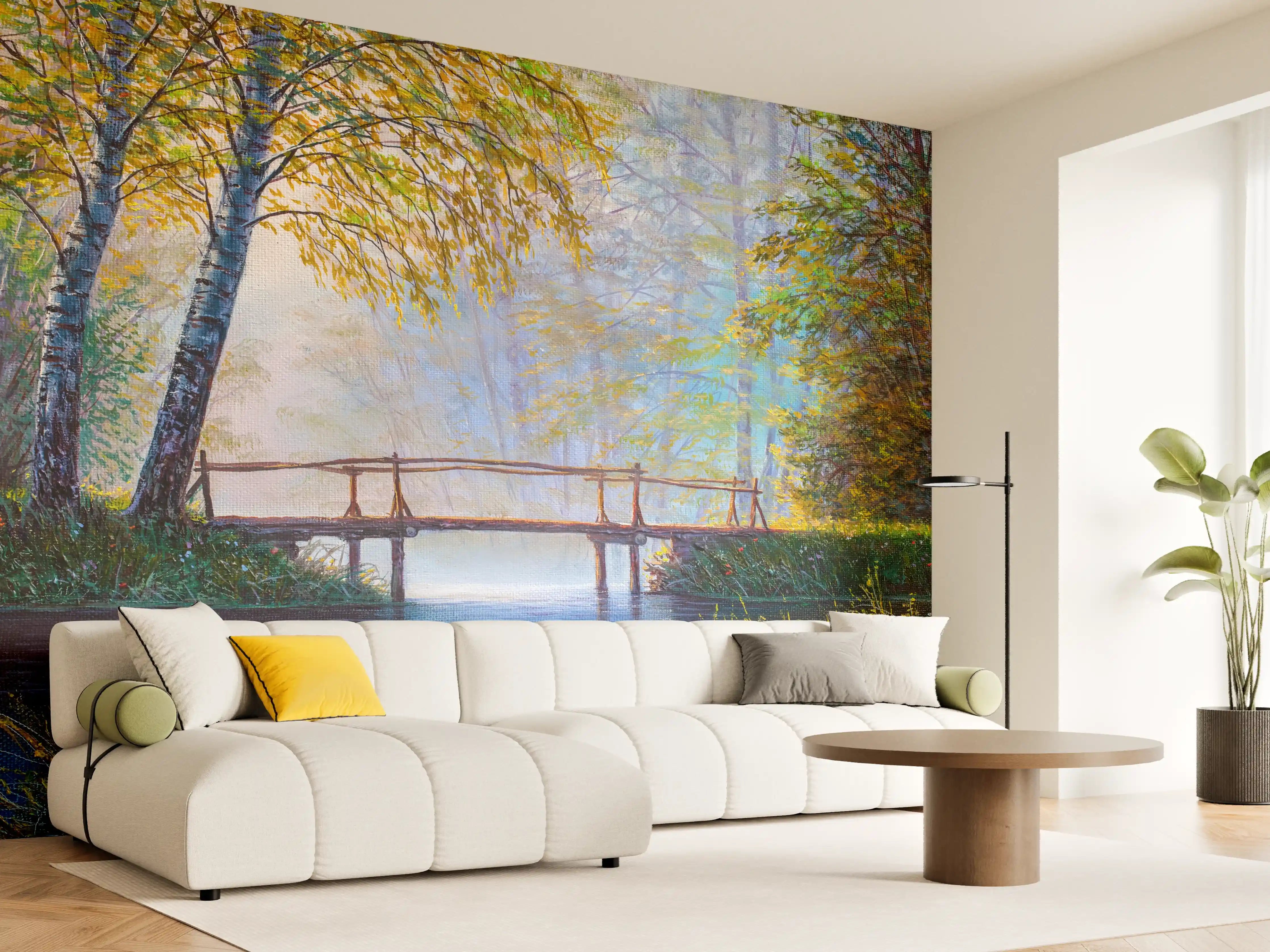 Wandverkleidung Wohnzimmer - Malerei eines ruhigen, natürlichen Flussufers bei Sonnenaufgang