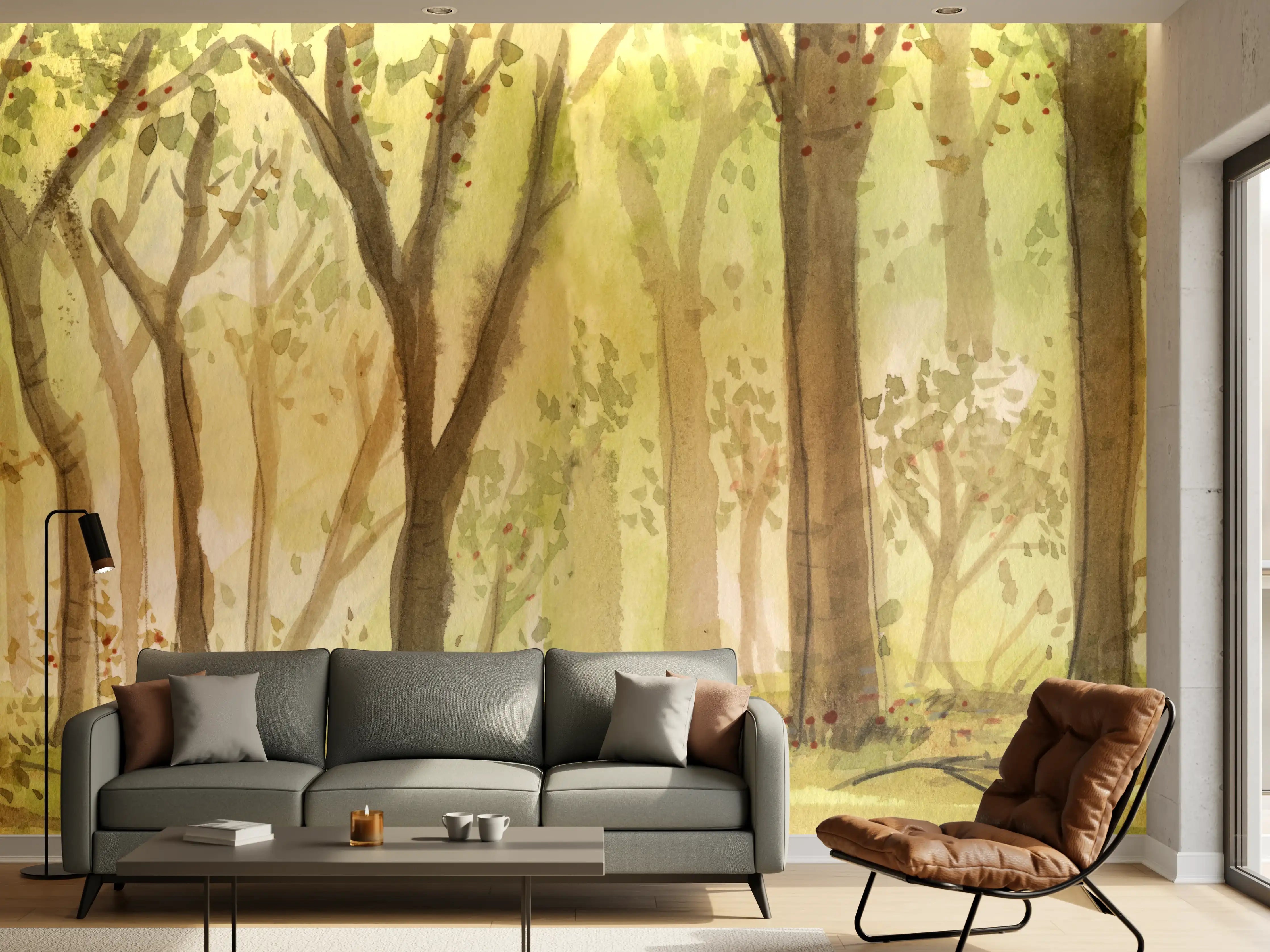 Wandverkleidung Wohnzimmer - Malerei eines stillen Waldes