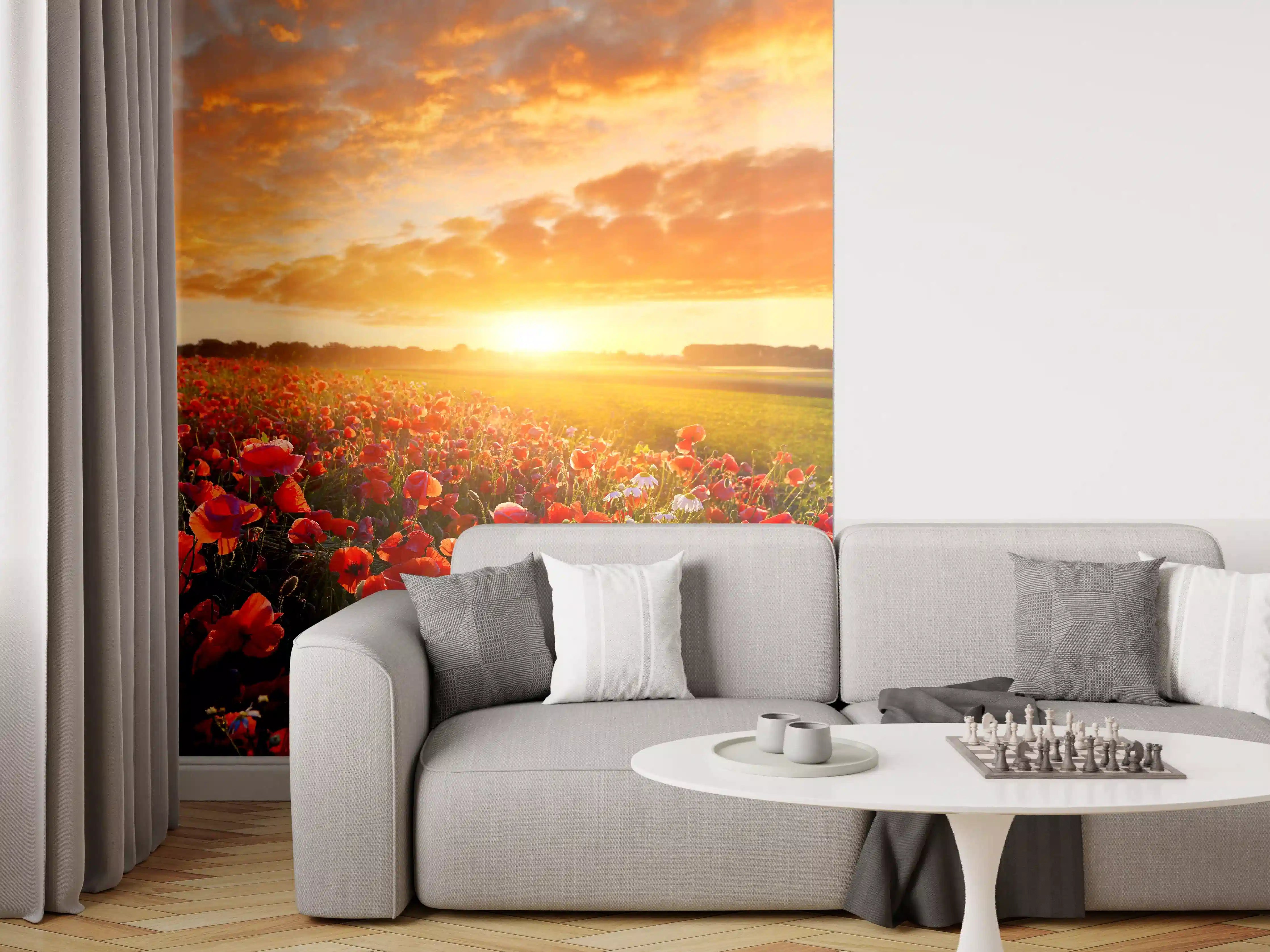 Wandverkleidung Wohnzimmer - Malerein: Sonnenuntergang über Mohnfeld
