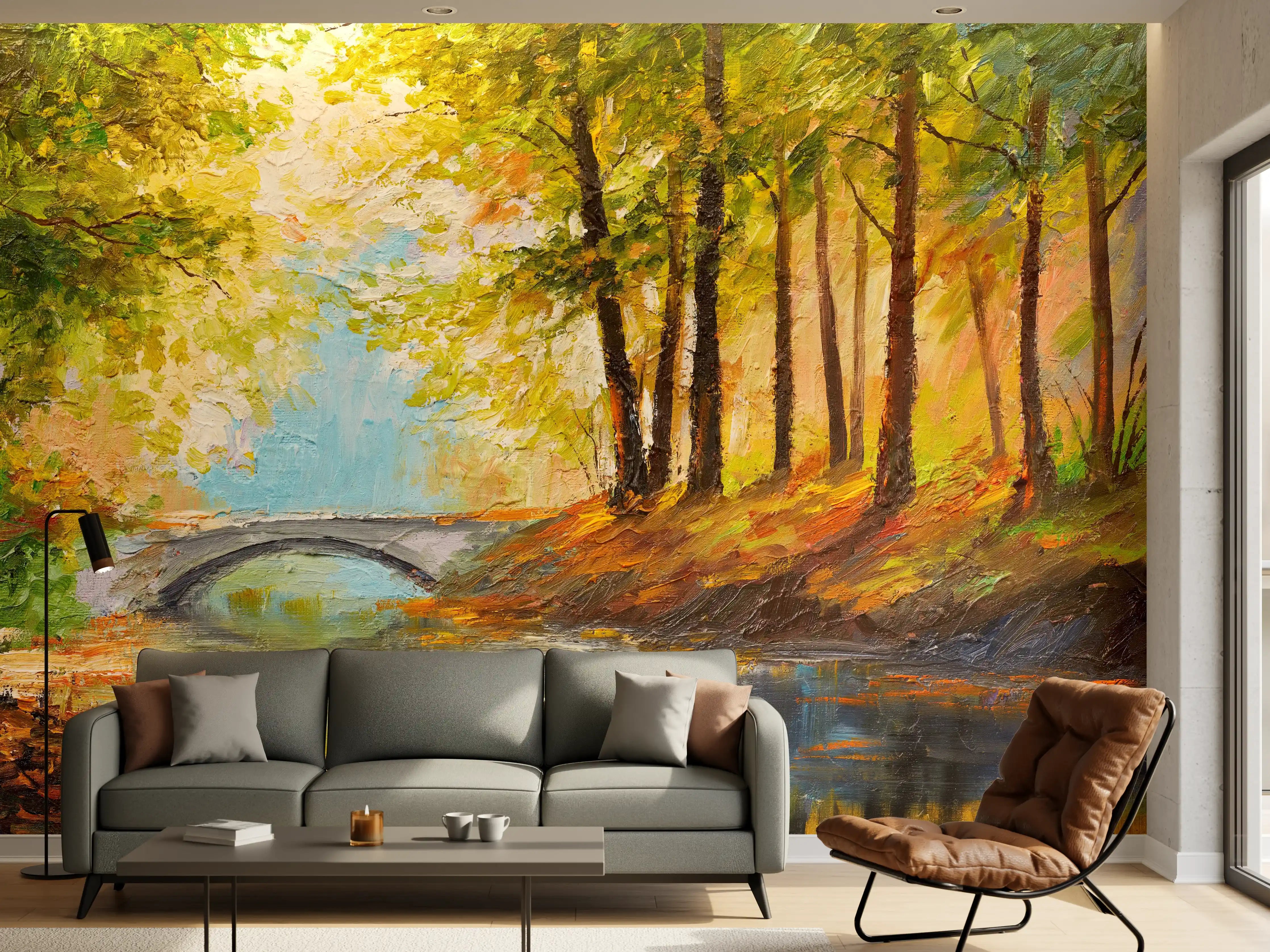 Wandverkleidung Wohnzimmer - Malereisches Herbstbild mit Fluss und Brücke