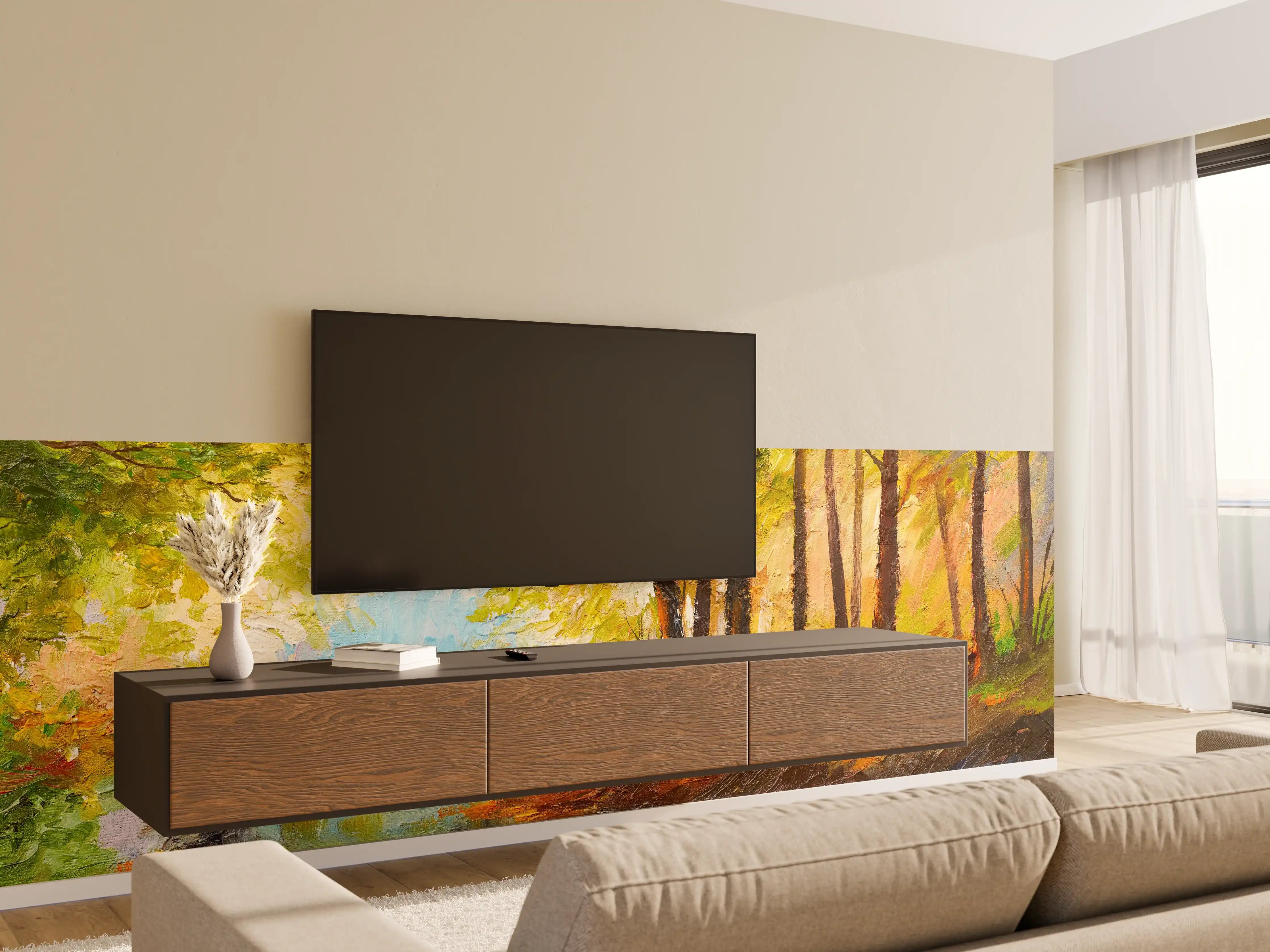 Wandverkleidung Wohnzimmer - Malereisches Herbstbild mit Fluss und Brücke