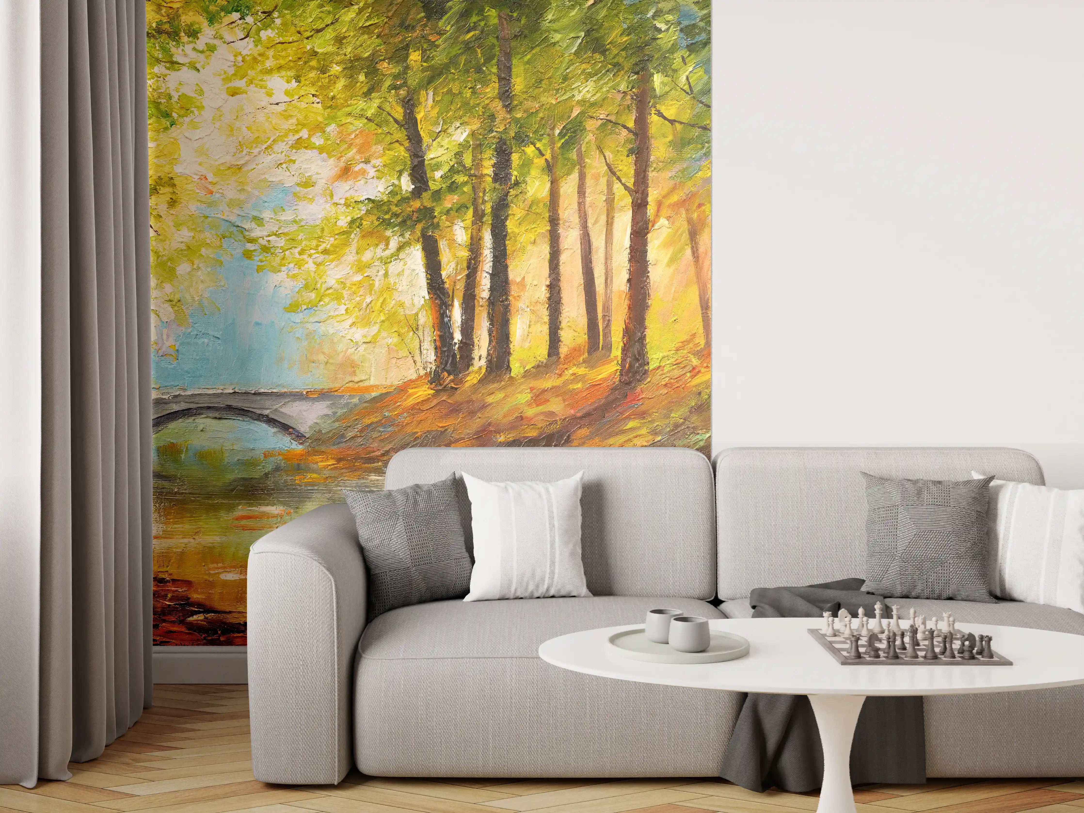 Wandverkleidung Wohnzimmer - Malereisches Herbstbild mit Fluss und Brücke
