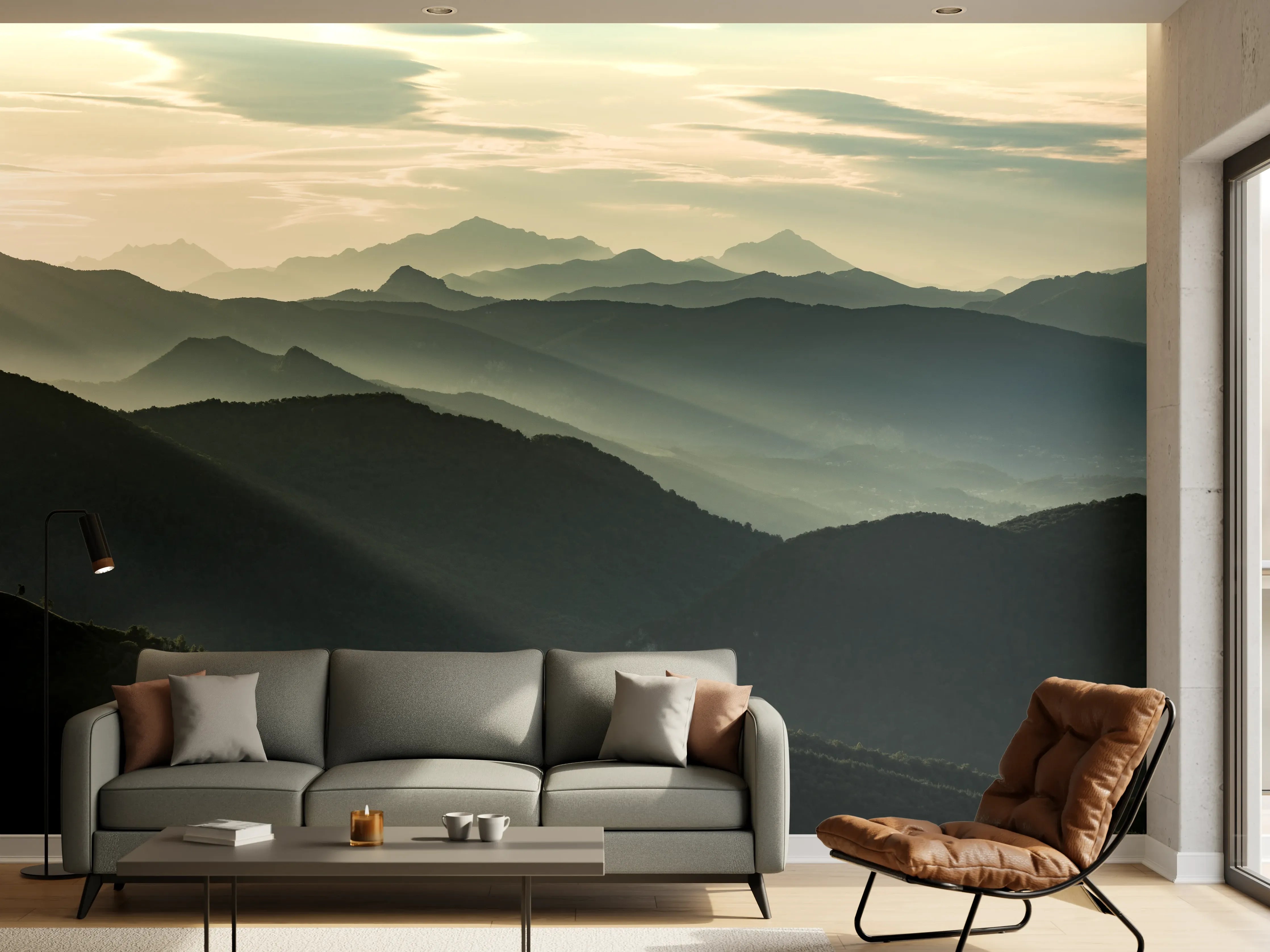 Wandverkleidung Wohnzimmer - Malerische Berglandschaft im Sonnenlicht